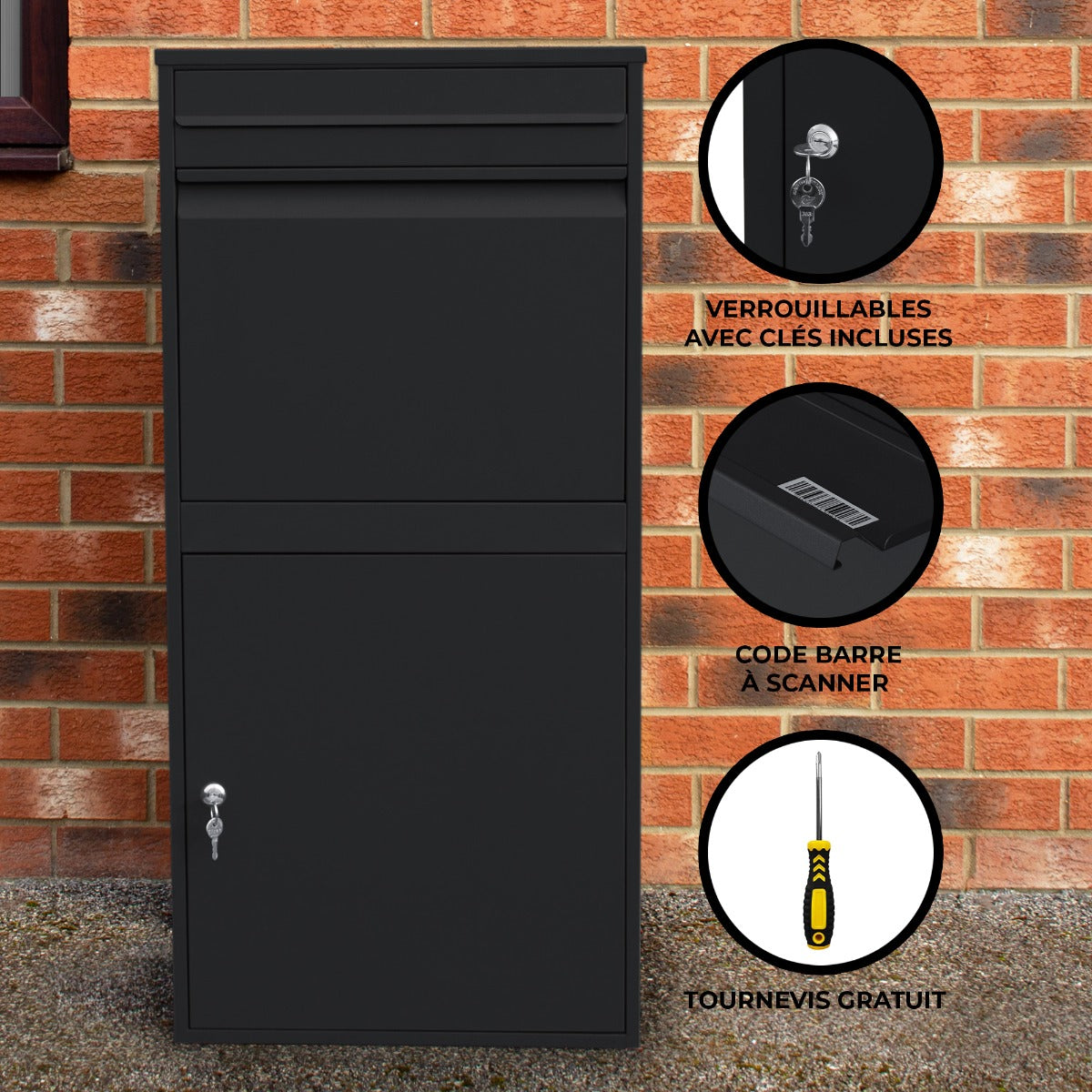 Boîte à colis XL anti-vol noire, design moderne, serrure avec clés incluses, surface lisse et finition résistante, idéale pour la sécurité des livraisons