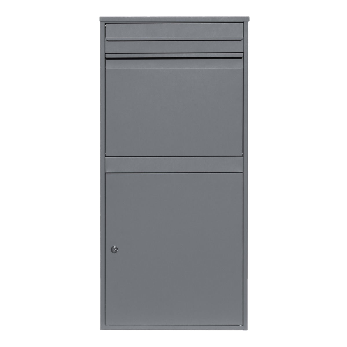Boîte à colis XL anti-vol grise, conçue en métal, avec une finition lisse, un design moderne et un compartiment sécurisé pour les livraisons