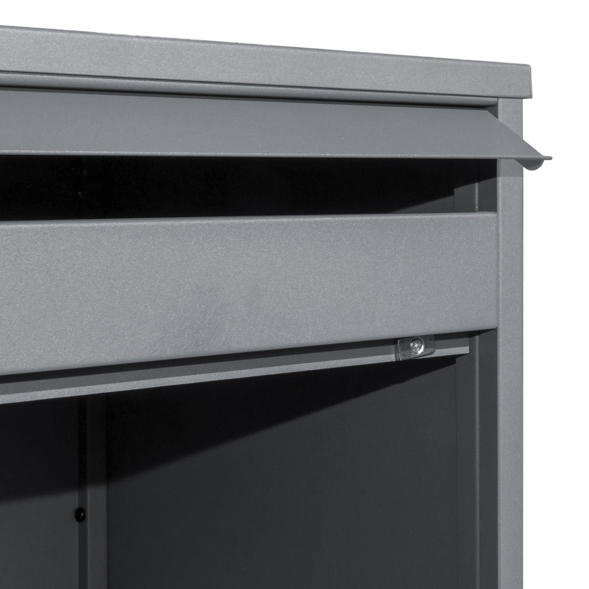 Boîte à colis XL anti-vol grise, conçue en métal, avec un design plat et une finition lisse, idéale pour la sécurité des livraisons