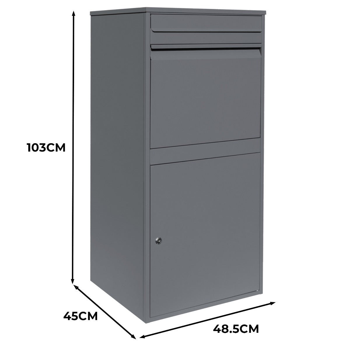 Boîte à colis XL grise, en métal, avec deux compartiments, dimensions 103 cm de hauteur, 45 cm de largeur, design moderne et anti-vol