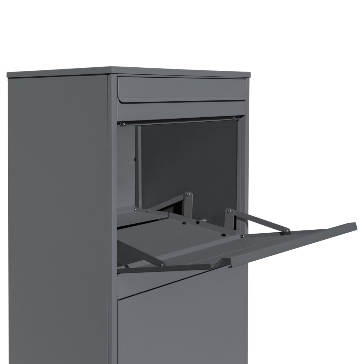 Boîte à colis XL anti-vol grise, design moderne, en métal, avec un compartiment ouvert pour un accès facile aux colis