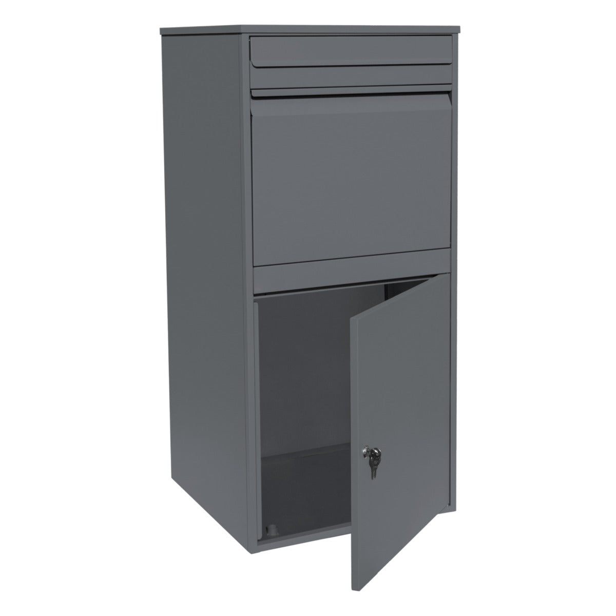 Boîte à colis XL anti-vol grise, design moderne, finition lisse, avec une porte sécurisée et un compartiment supérieur pour lettres