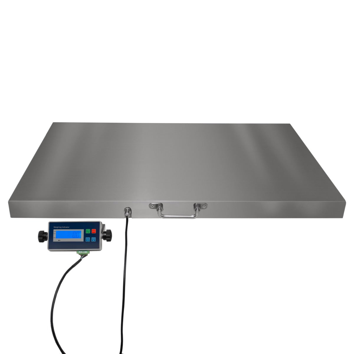 Balance vétérinaire T-Mech 60 x 90 cm en acier inoxydable, surface lisse et brillante, avec un écran numérique et des commandes intuitives