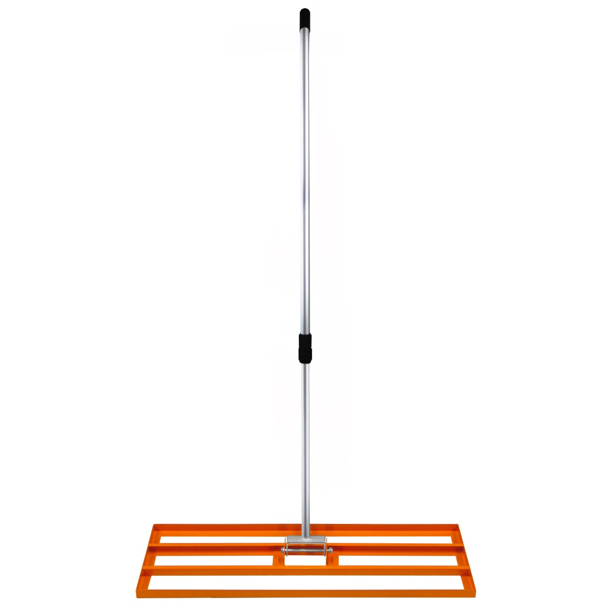 Râteau de nivellement orange de 100 cm avec une longue poignée en métal et une base rectangulaire à l'aspect lisse et robuste