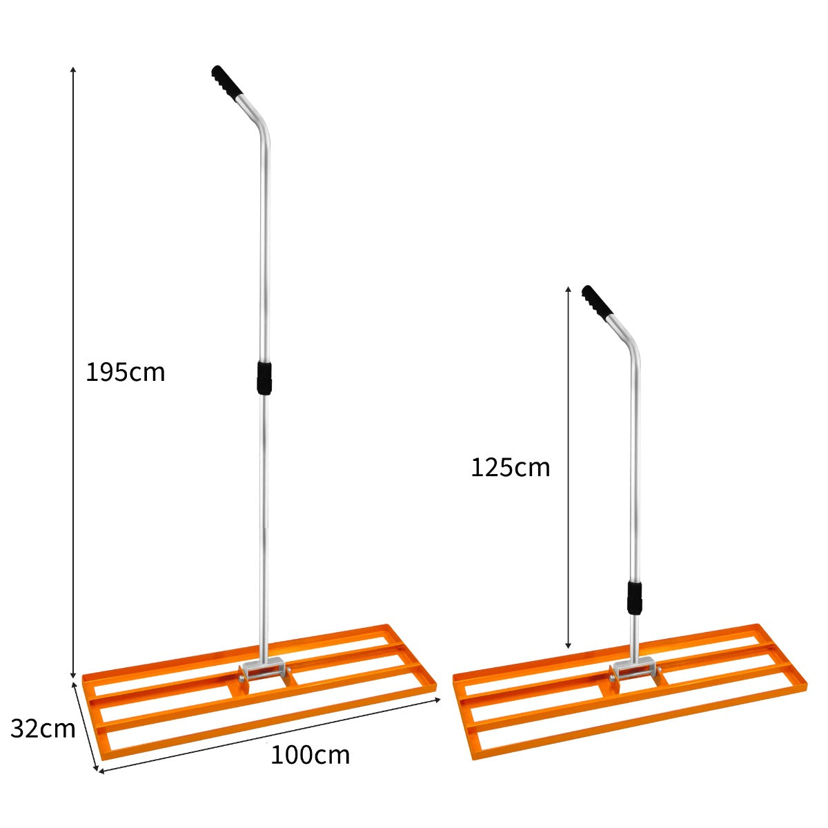Râteau de nivellement orange de 100 cm avec une poignée en métal, conçu pour un nivellement efficace des surfaces, léger et durable