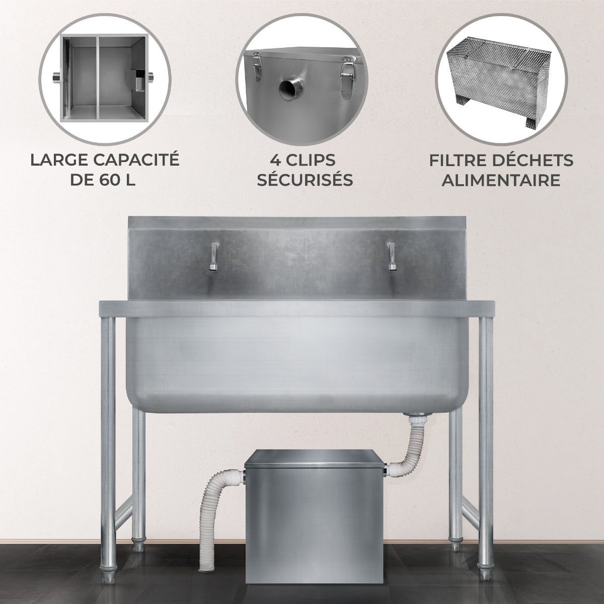 Bac à graisse commercial KuKoo de 60L en acier inoxydable, avec filtres et clips sécurisés, idéal pour la cuisine professionnelle