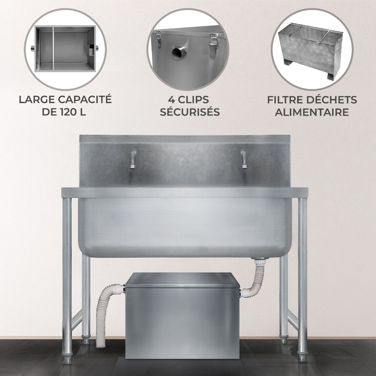 Bac à graisse commercial KuKoo de 120 L en acier inoxydable, avec filtres et clips sécurisés, conçu pour une utilisation professionnelle