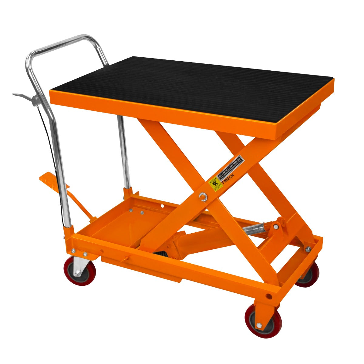 Table élévatrice hydraulique orange avec plateau noir, roulettes rouges, conçue pour soulever jusqu'à 500 kg, idéale pour les ateliers