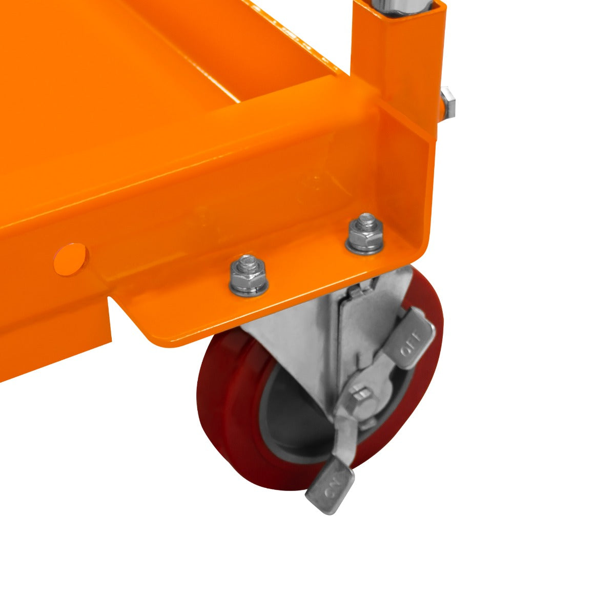Roues en caoutchouc rouge et structure en acier orange, la table élévatrice hydraulique est conçue pour un usage robuste et facile à manœuvrer