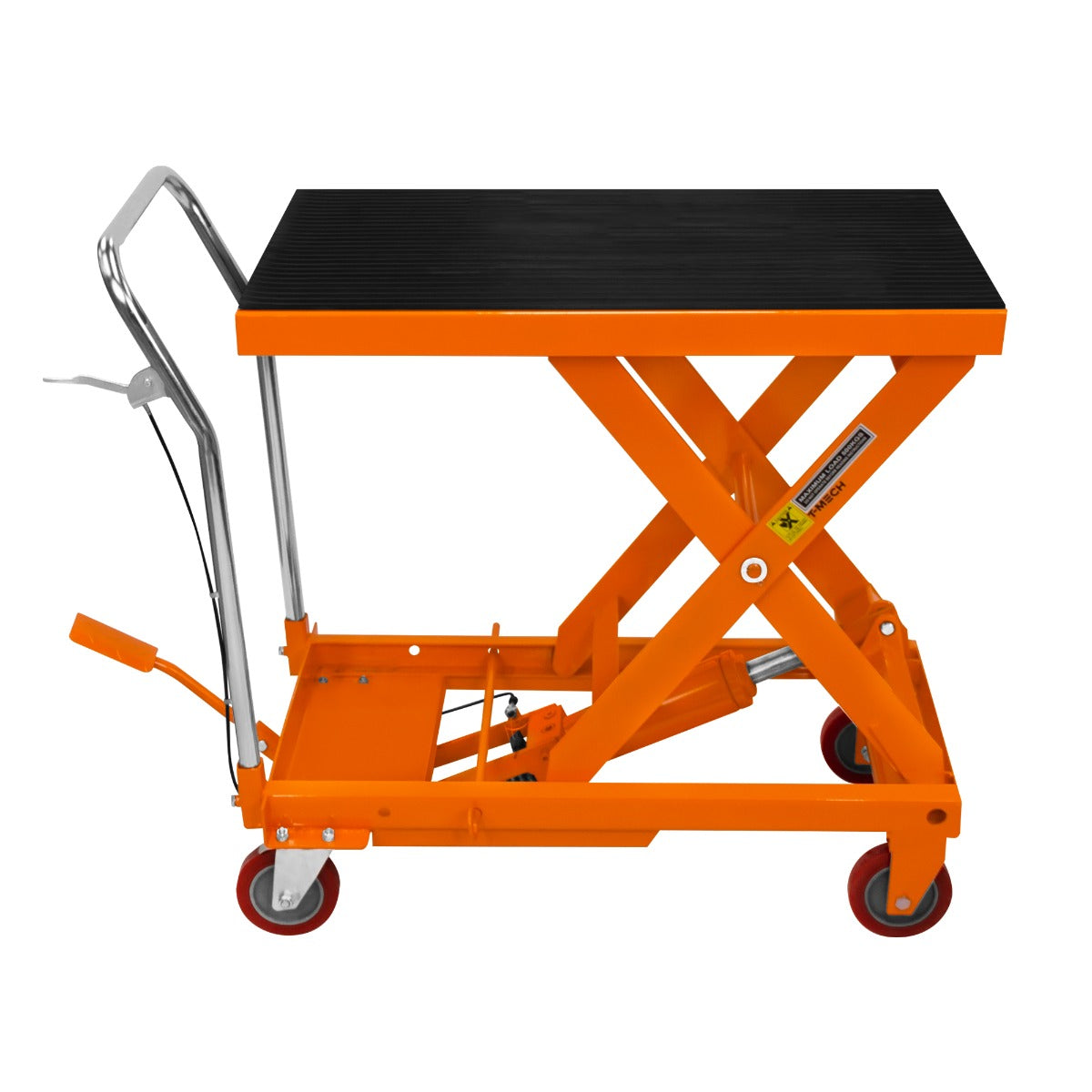 Table élévatrice hydraulique orange avec plateau noir, roues rouges, et poignées en métal, idéale pour soulever jusqu'à 500 kg