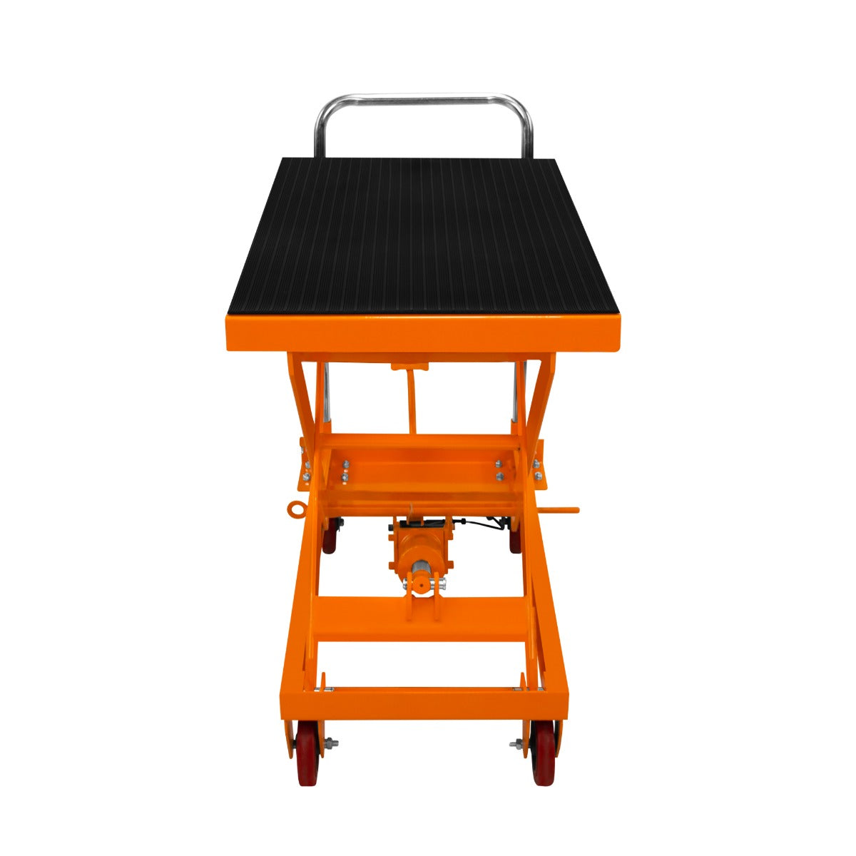 Table élévatrice hydraulique orange avec plateau noir texturé, capacité de 500 kg, roues rouges pour une mobilité facile
