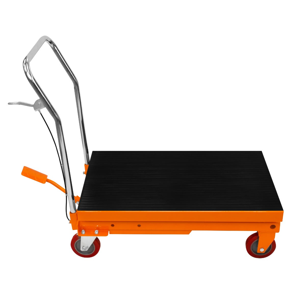 Table élévatrice hydraulique orange avec plateforme noire, roulettes rouges, capacité de 500 kg, idéale pour le transport de charges lourdes