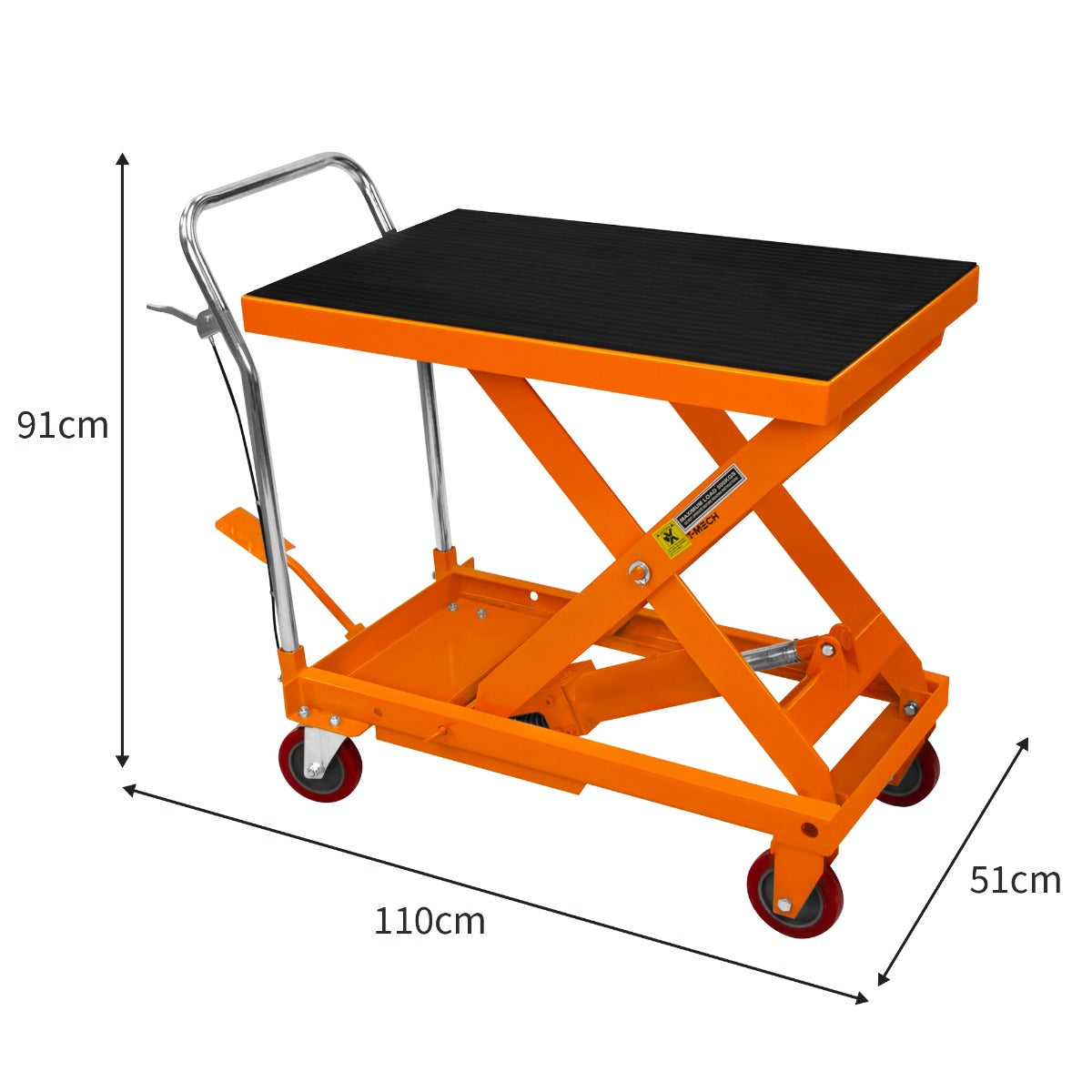 Table élévatrice hydraulique orange de 500 kg, surface noire antidérapante, dimensions 110 cm x 51 cm, roulettes rouges pour mobilité
