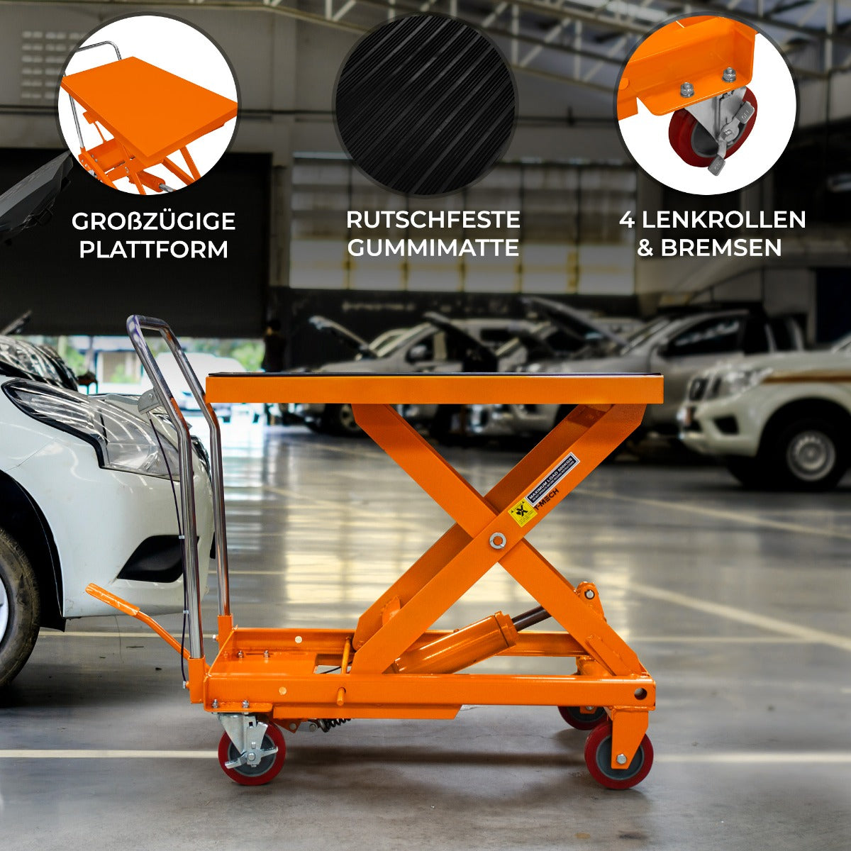 Table élévatrice hydraulique orange de 500 kg, avec plateforme large, roulettes pivotantes et surface antidérapante en caoutchouc