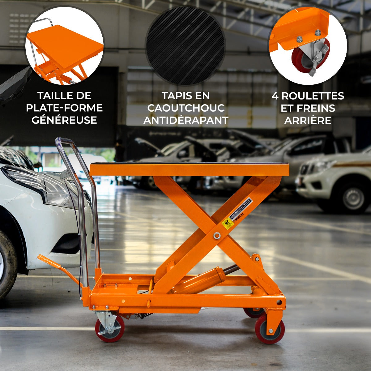Table élévatrice hydraulique orange de 500 kg, avec plateforme antidérapante, 4 roulettes et freins arrière, idéale pour le levage en atelier