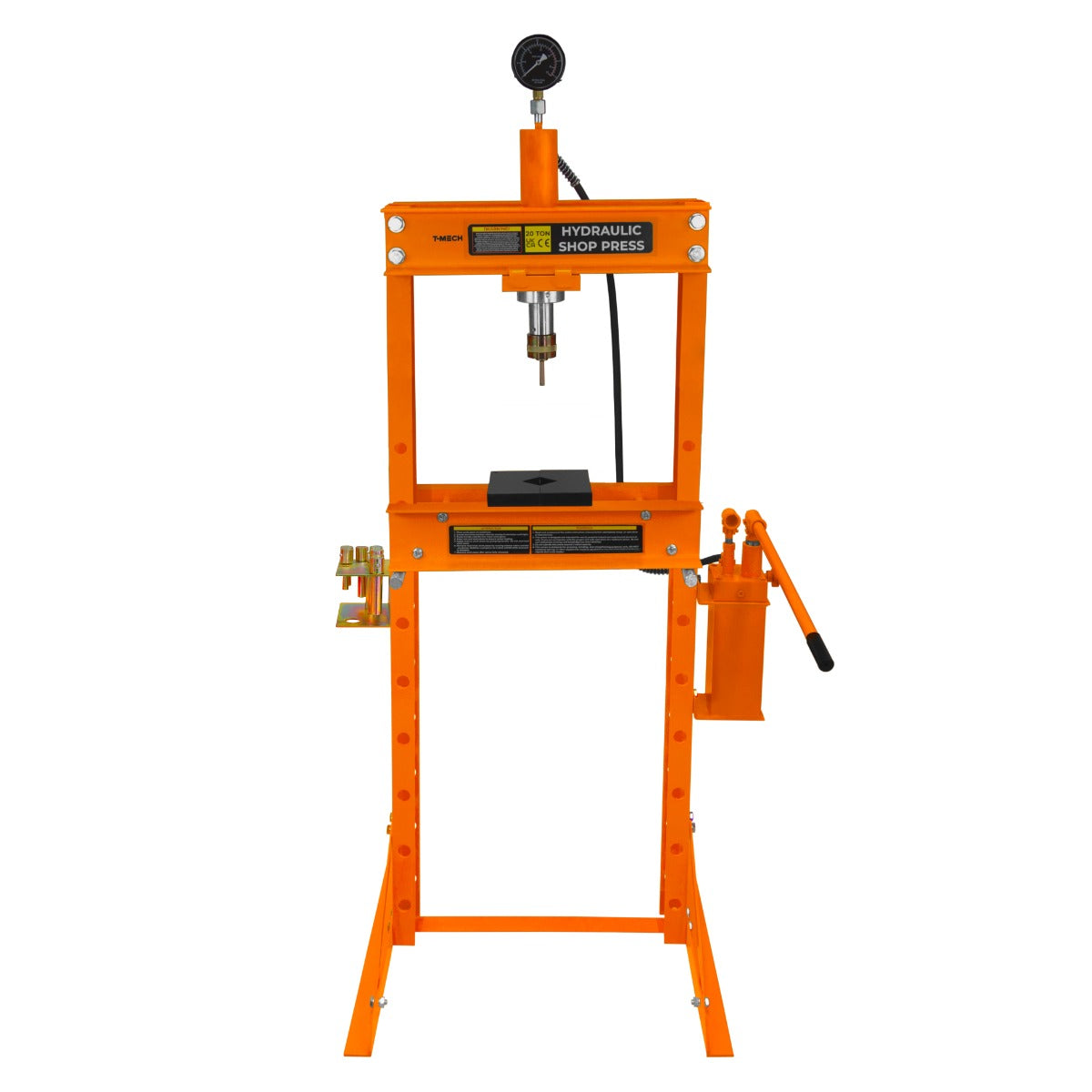Presse hydraulique d'atelier sur pieds de 20 tonnes, couleur orange vif, avec un plateau en métal et un manomètre en haut