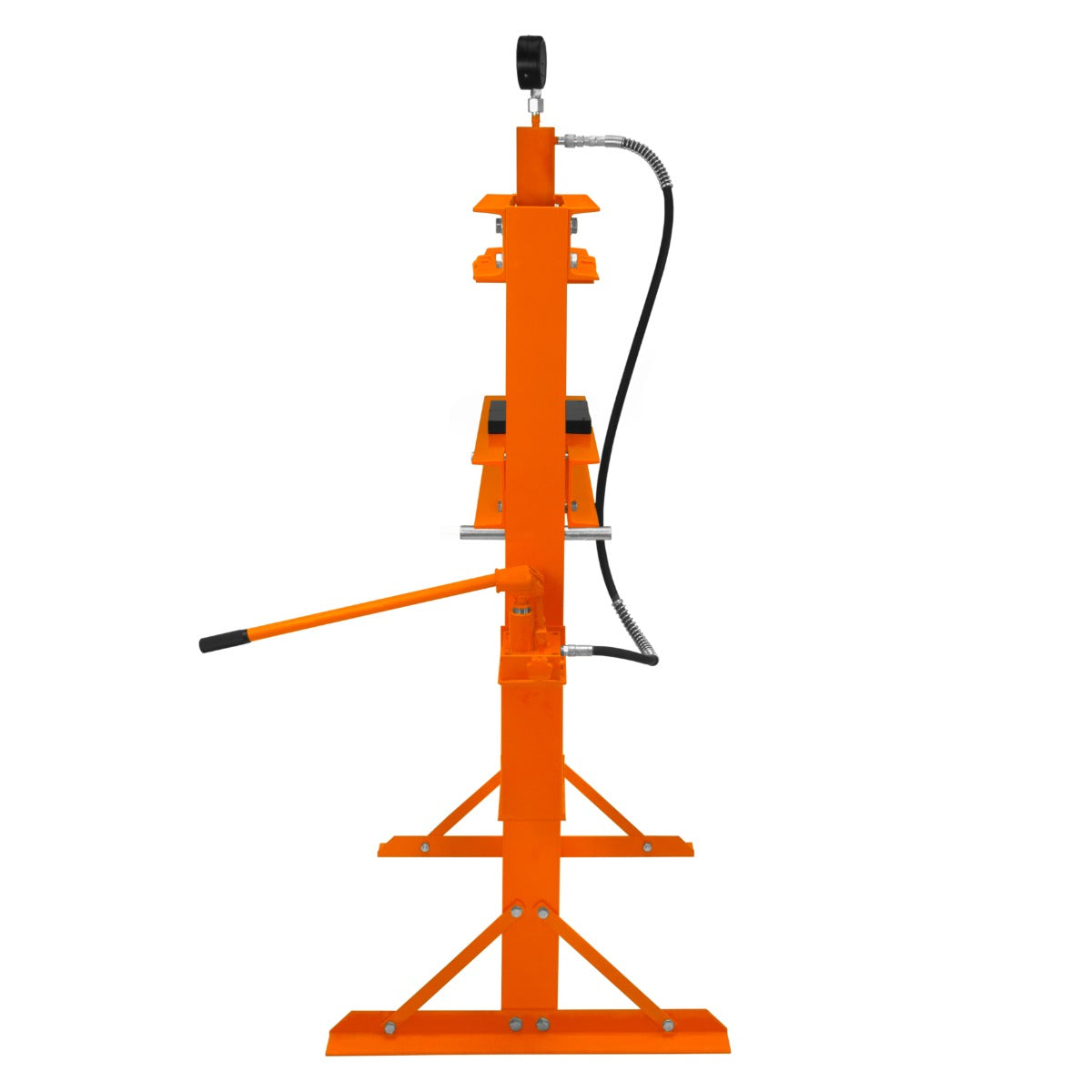 Presse hydraulique sur pieds de 20 tonnes, structure en acier orange, bras de levage et manomètre pour un usage industriel efficace