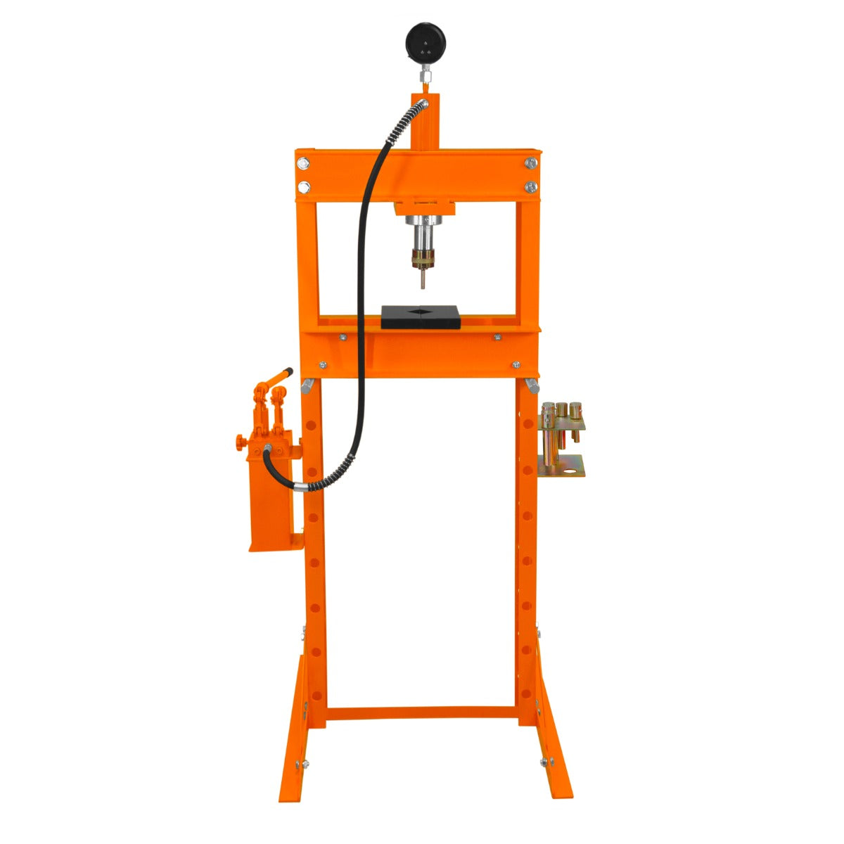 Presse hydraulique d'atelier sur pieds orange vif, avec un vérin central, un plateau de travail et des accessoires pour diverses applications