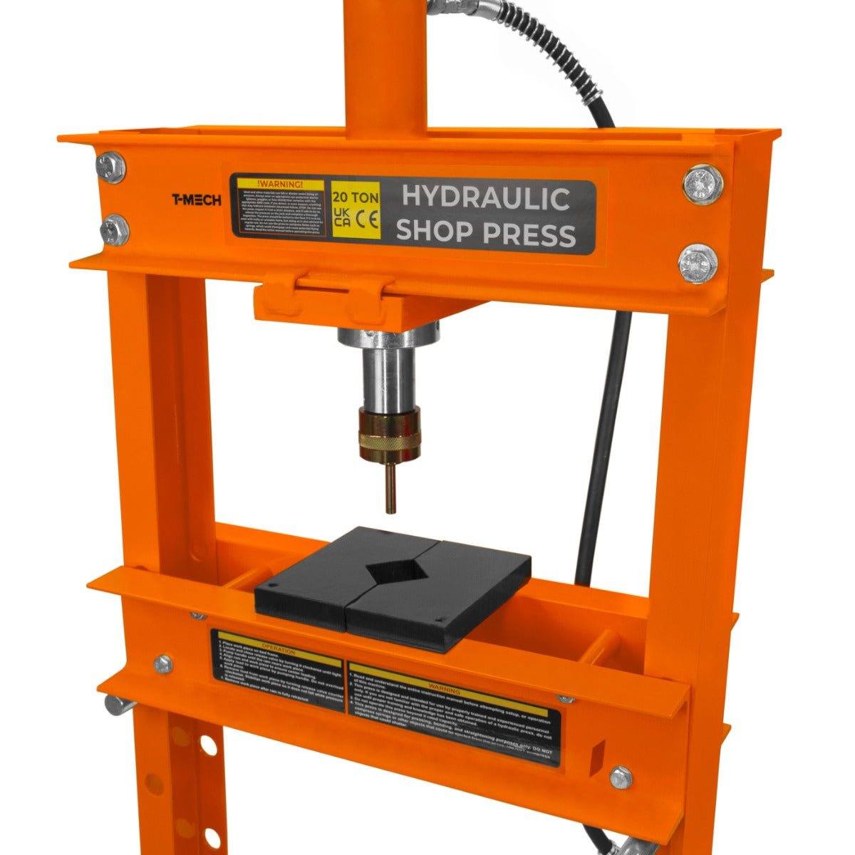 Presse hydraulique d'atelier sur pieds orange, capable de 20 tonnes, avec un plateau noir et un mécanisme de pression visible