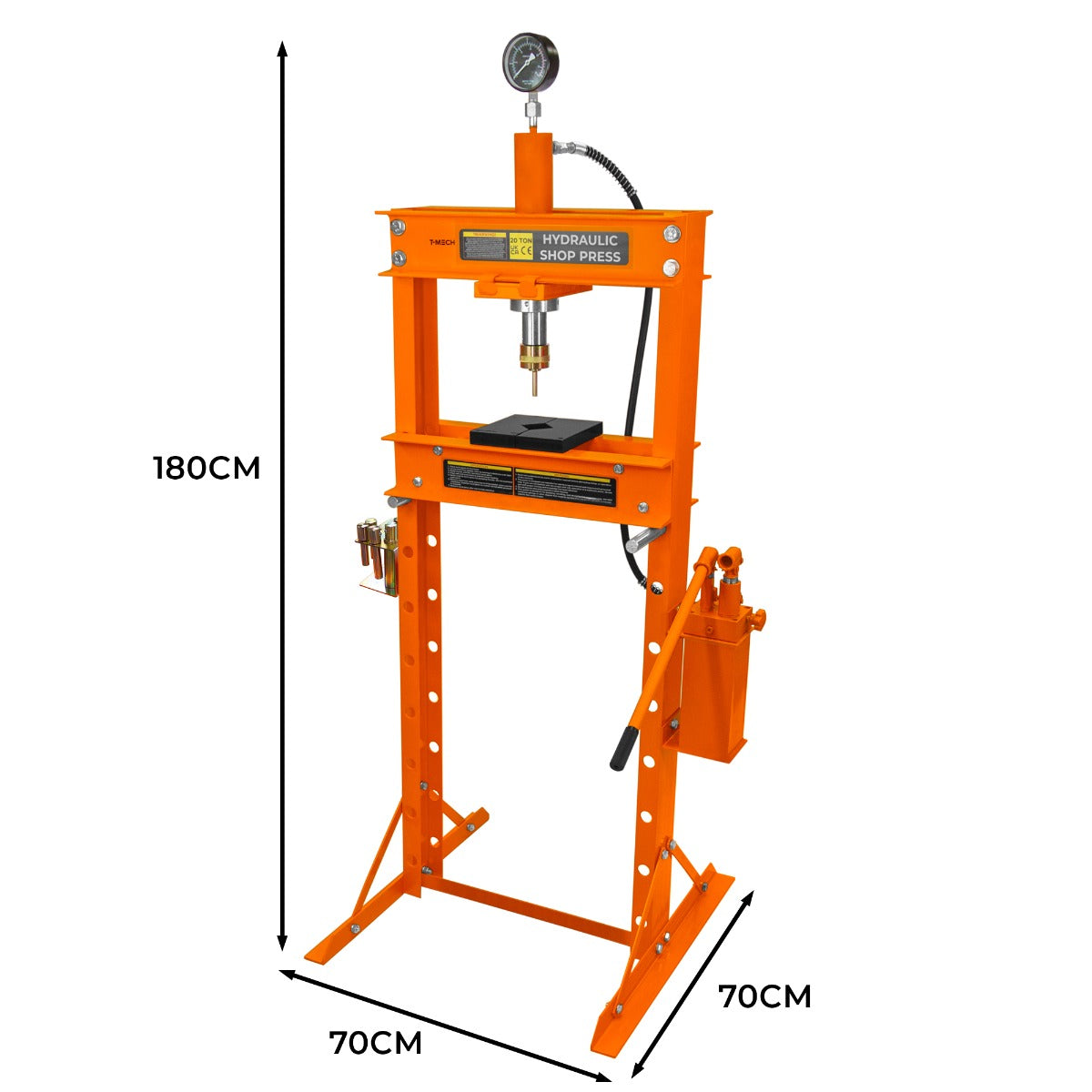Presse hydraulique d'atelier sur pieds orange de 20 tonnes, avec manomètre, réservoir et base robuste, dimensions 180x70x70 cm