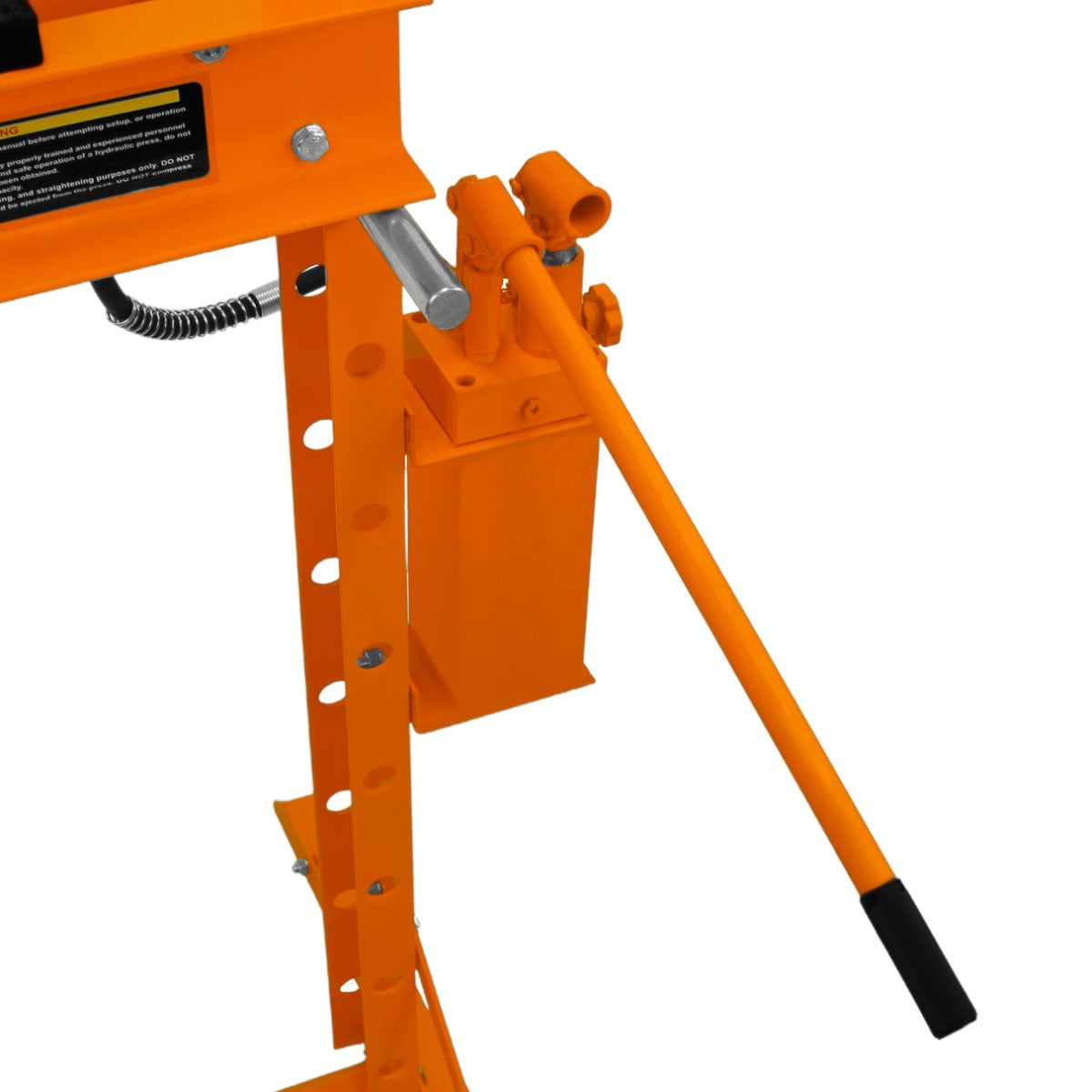 Presse hydraulique d'atelier sur pieds de 20 tonnes, couleur orange vif, avec un levier et un réservoir bien visibles, conçue pour la robustesse