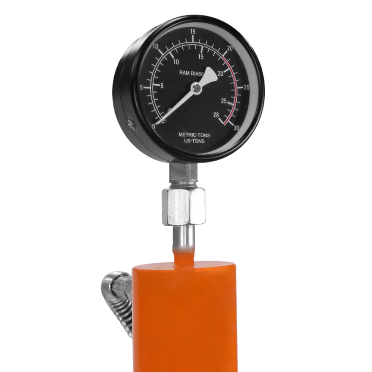 Manomètre noir sur une presse hydraulique orange, indiquant la pression avec des graduations claires, conçu pour un usage en atelier