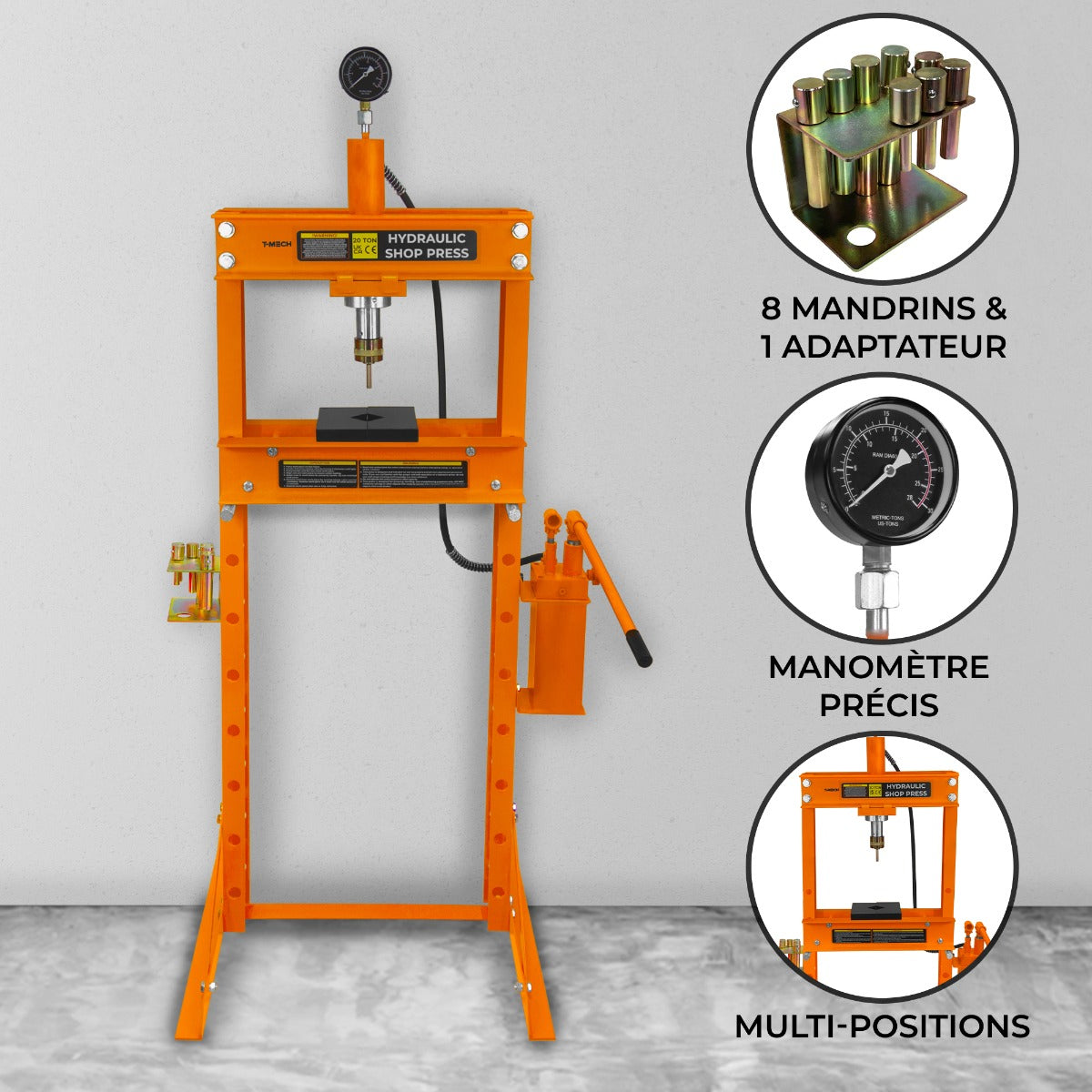 Presse hydraulique sur pieds orange de 20 tonnes, équipée de 8 mandrins, manomètre précis et adaptateur pour diverses positions