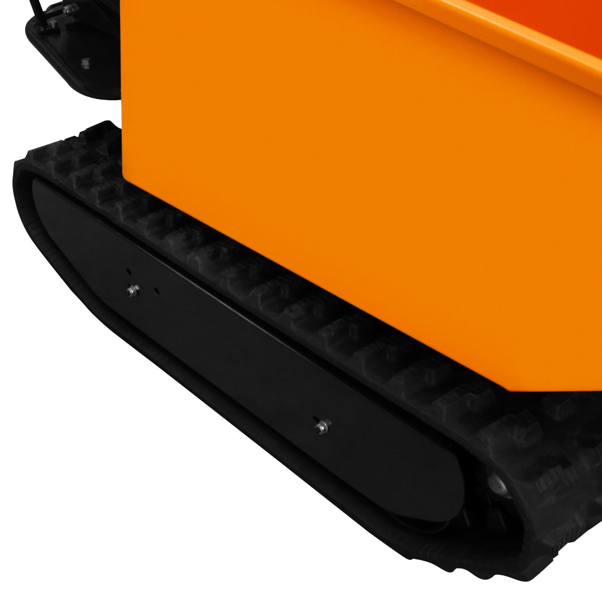 Mini tombereau à chenilles orange avec un châssis robuste et des chenilles noires, conçu pour des travaux de terrassement efficaces