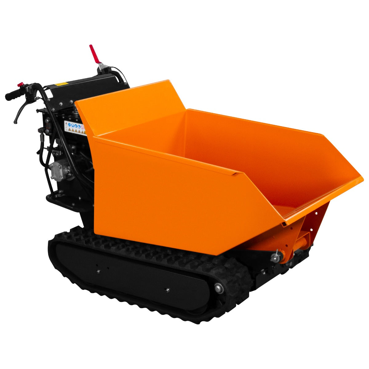 Mini tombereau à chenilles orange vif avec moteur essence, caisse large et robuste, conçu pour le transport de matériaux lourds