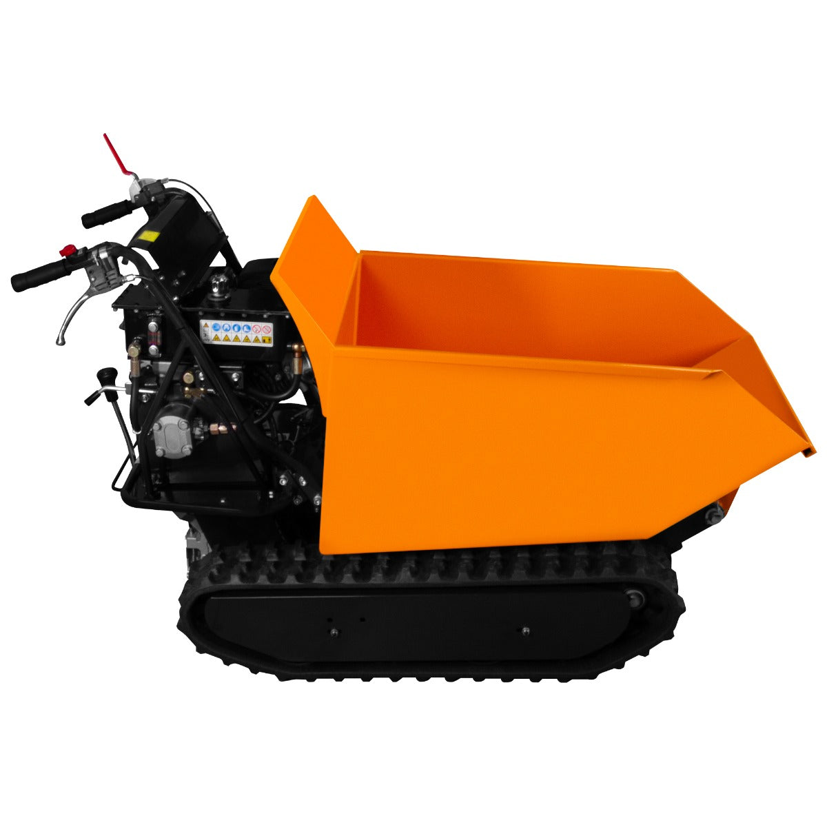 Mini tombereau à chenilles orange vif avec moteur essence, équipé de tracks noirs et d'une benne large pour le transport de matériaux