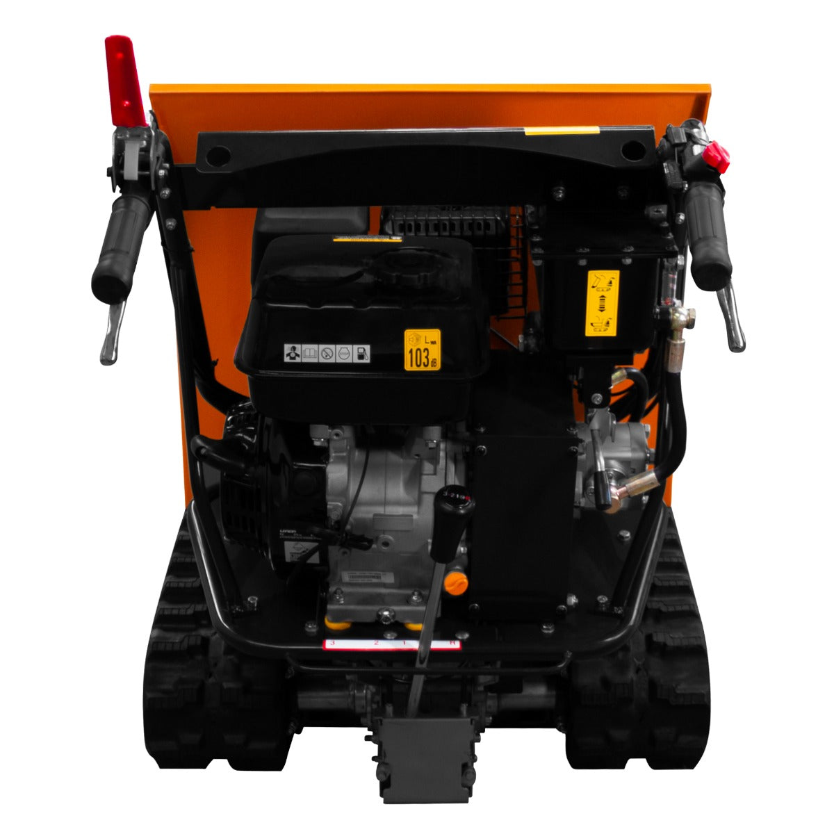 Mini tombereau à chenilles avec moteur essence 9 CV, couleur orange vif, commandes ergonomiques, et chenilles robustes pour une traction optimale
