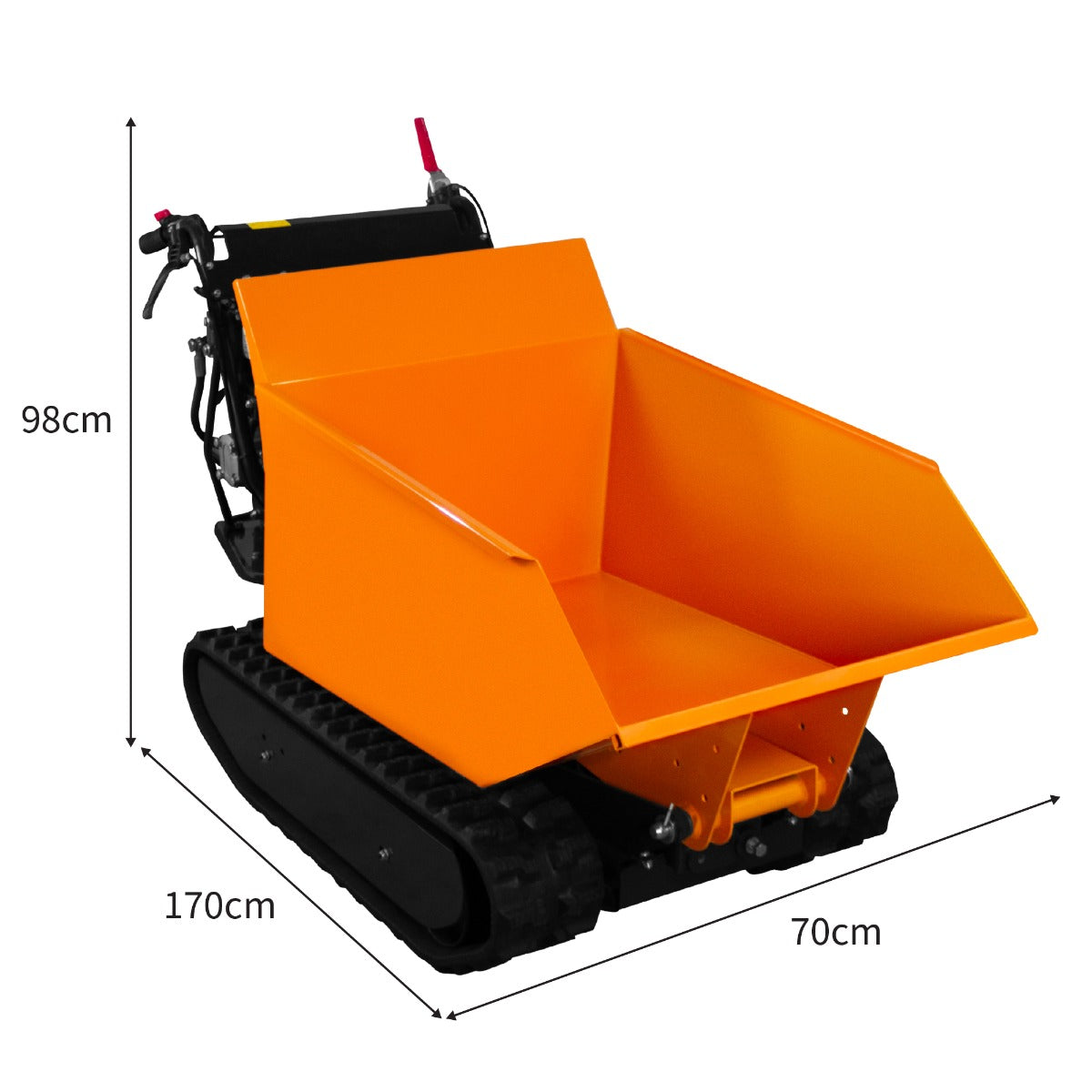 Mini tombereau à chenilles orange vif, dimensions 170 cm x 70 cm x 98 cm, avec une benne large et robuste pour un transport facile