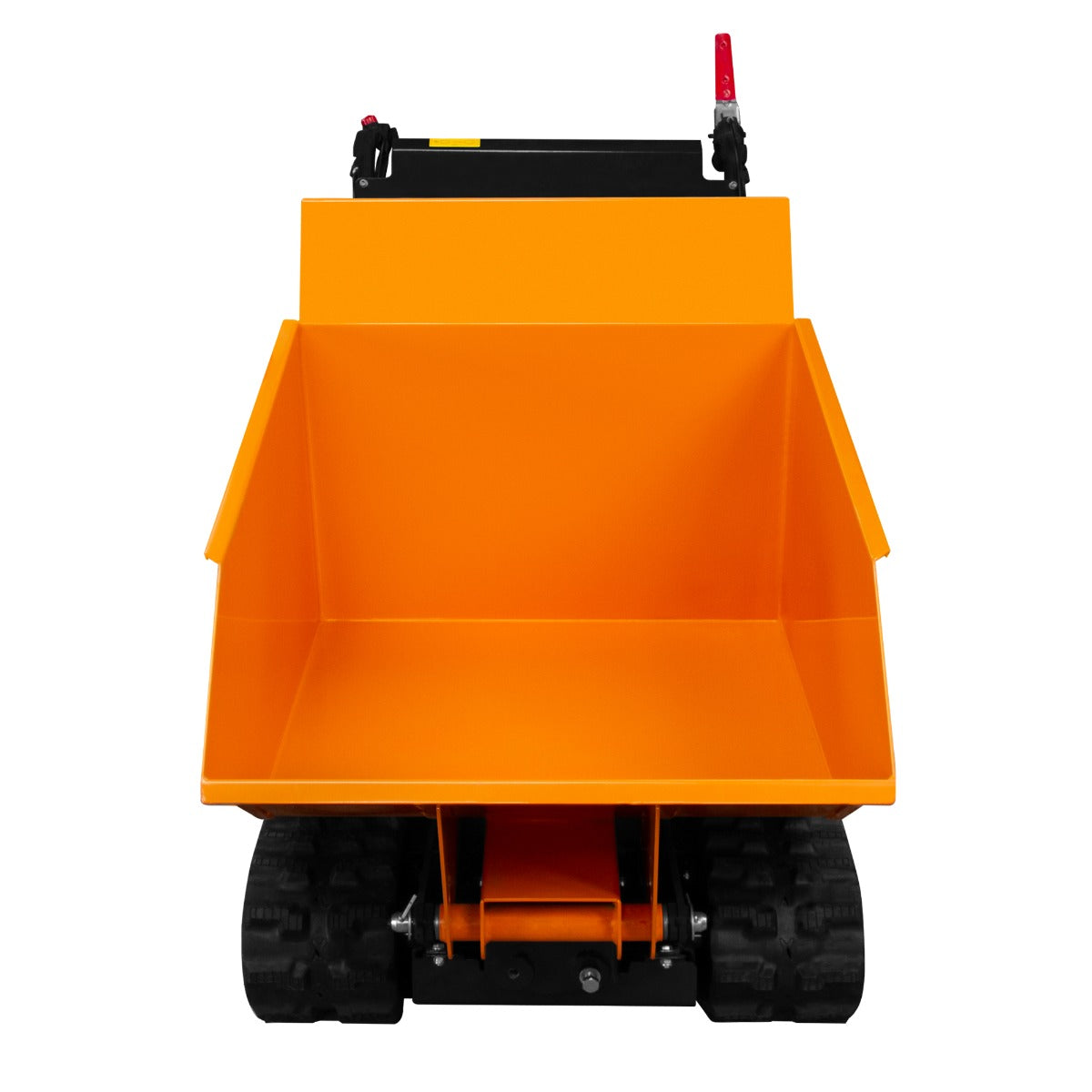 Mini tombereau à chenilles avec benne orange vif, roues robustes, conçu pour le transport de matériaux en extérieur