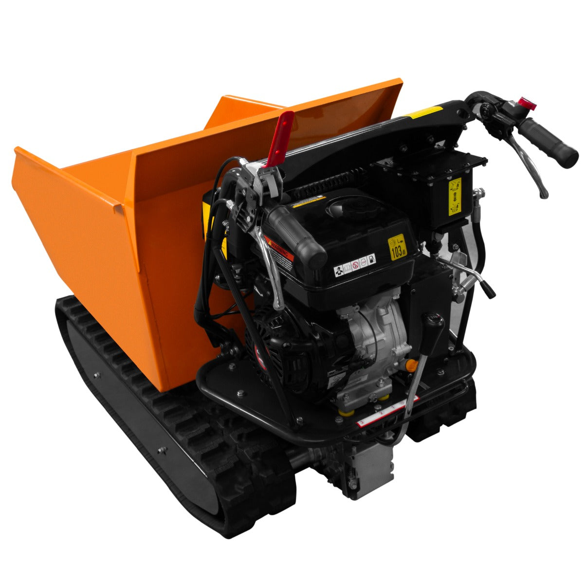 Mini tombereau à chenilles orange avec moteur essence, compact, équipé de tracks robustes et d'une benne basculante pour le transport de matériaux