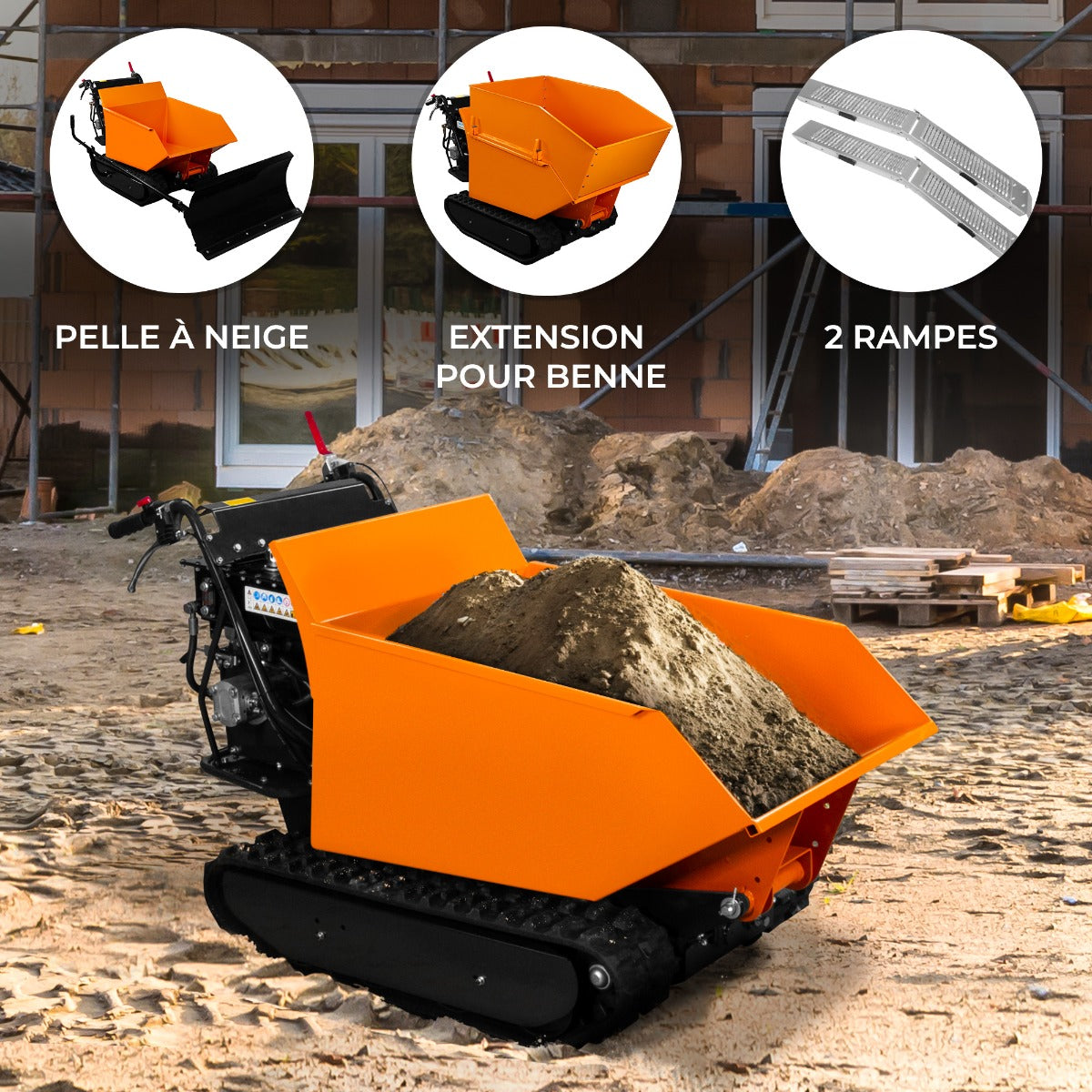 Mini tombereau à chenilles orange avec benne en acier, transportant du gravier sur un chantier, entouré de terre et de matériaux de construction