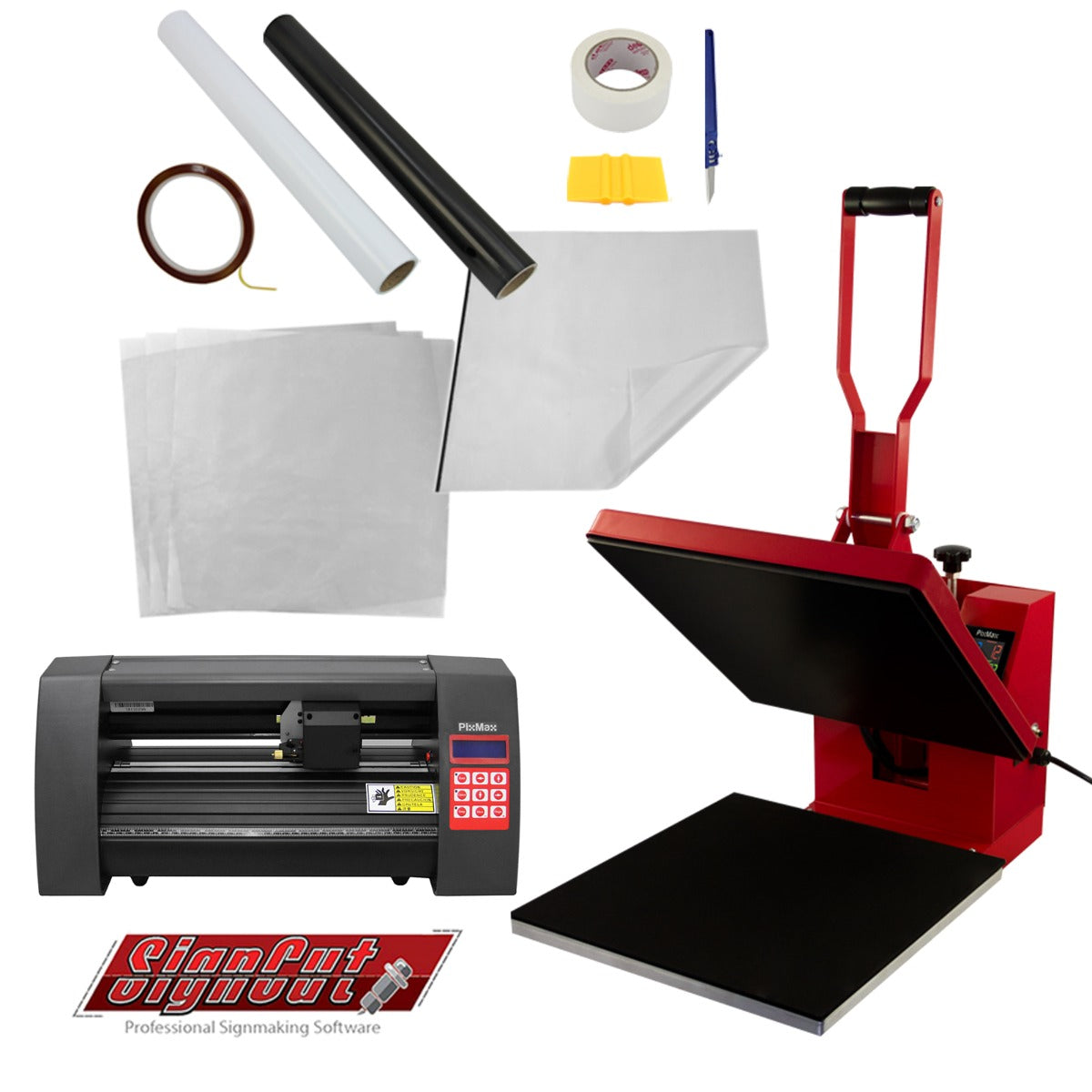 Presse à chaud rouge de 38 cm, découpeur de vinyle noir de 36 cm, accessoires variés pour le marquage, outils de création inclus