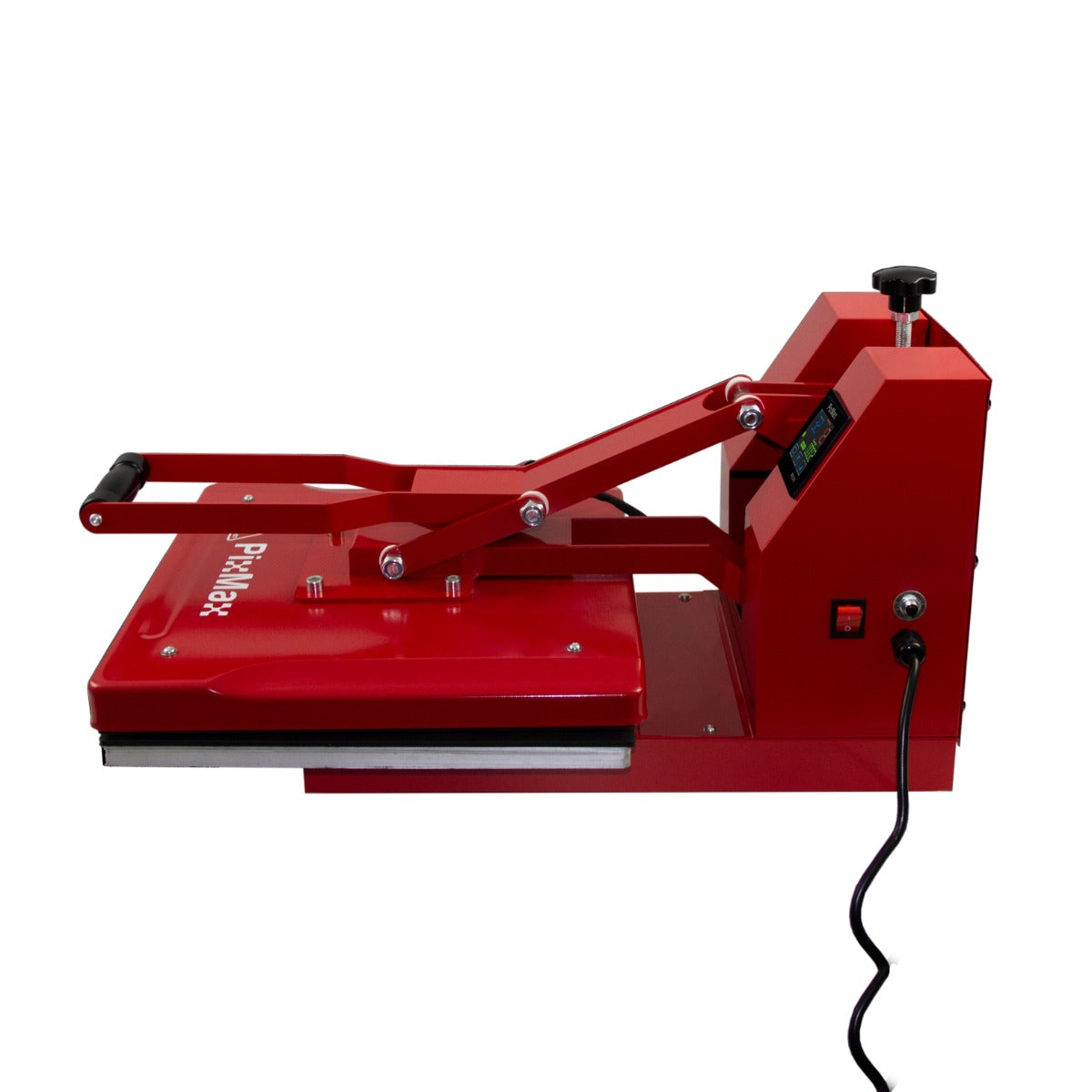 Presse à chaud rouge de 38 cm avec bras articulé, surface lisse et panneau de contrôle numérique pour la découpe de vinyle