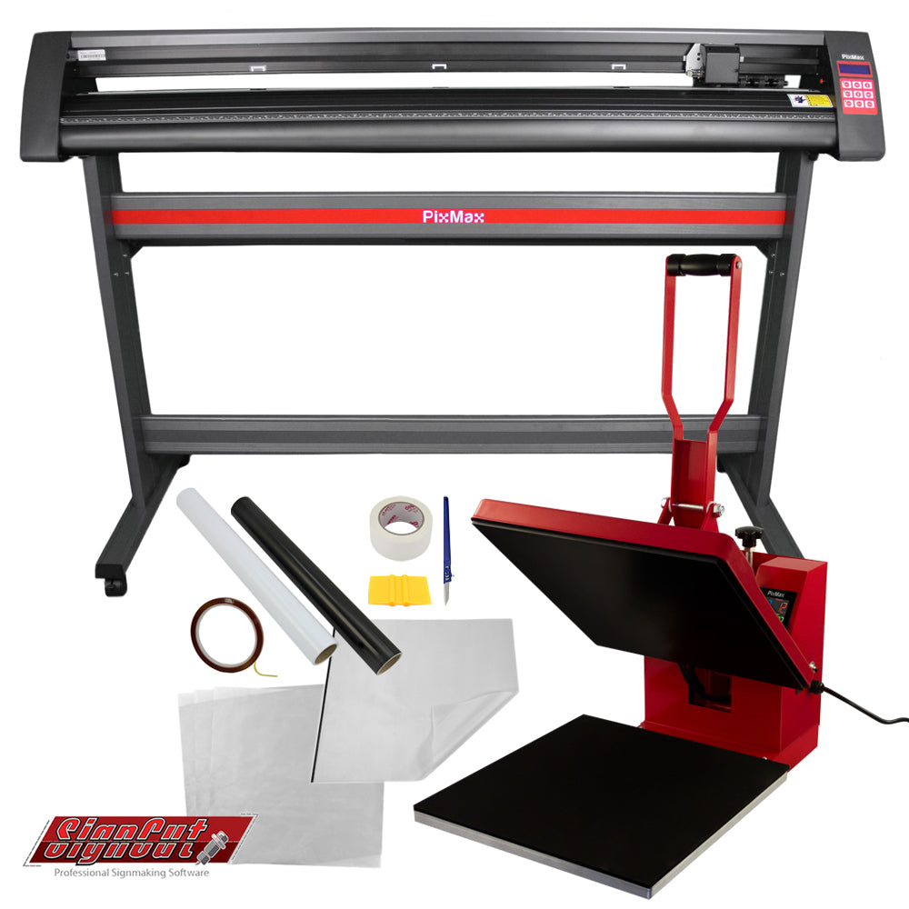 Presse à chaud rouge et noire avec découpeur de vinyle, rouleaux de vinyle, outils de marquage et accessoires sur fond blanc