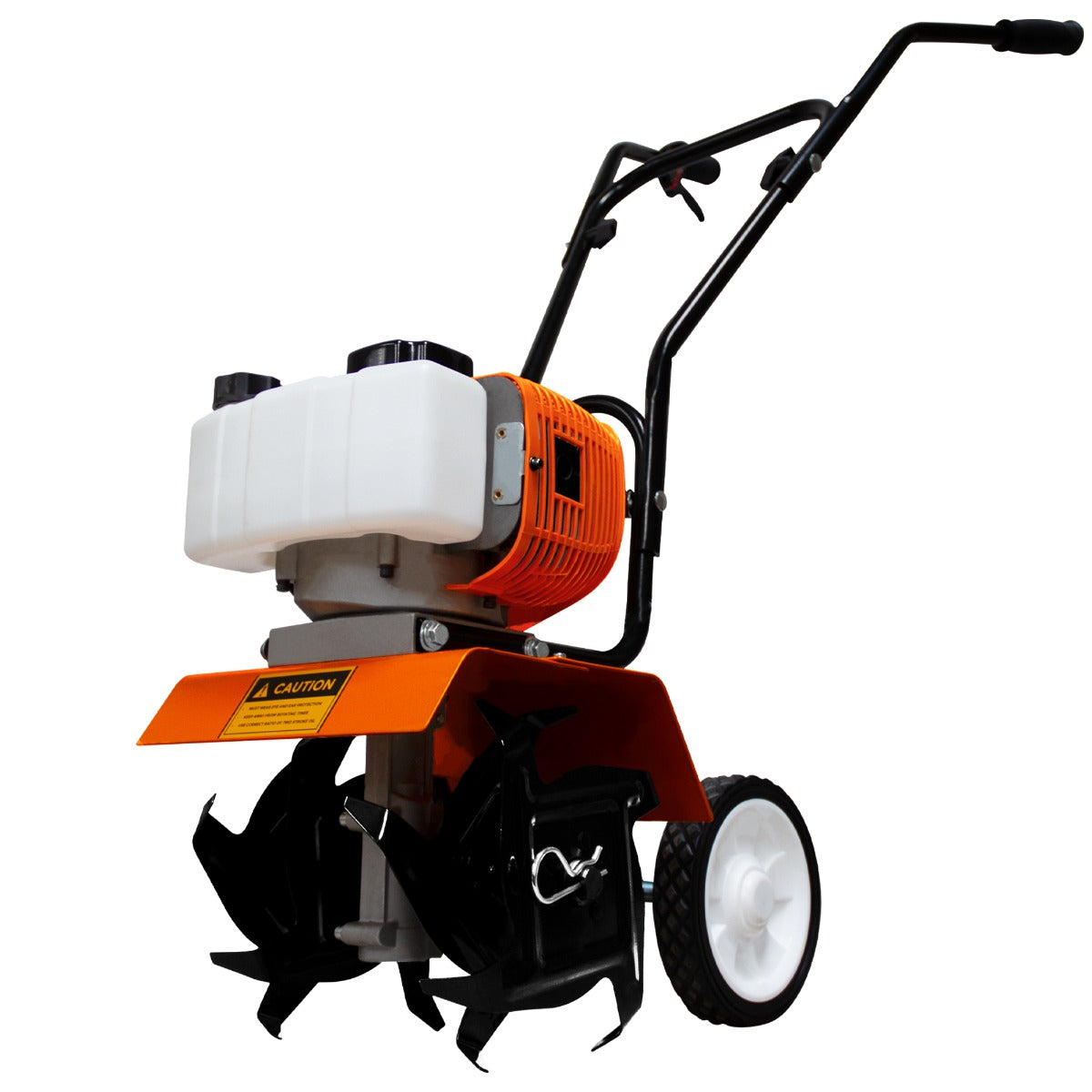 Motoculteur à essence 52cc avec moteur orange, roues blanches et lames noires, idéal pour le jardinage et le labourage du sol