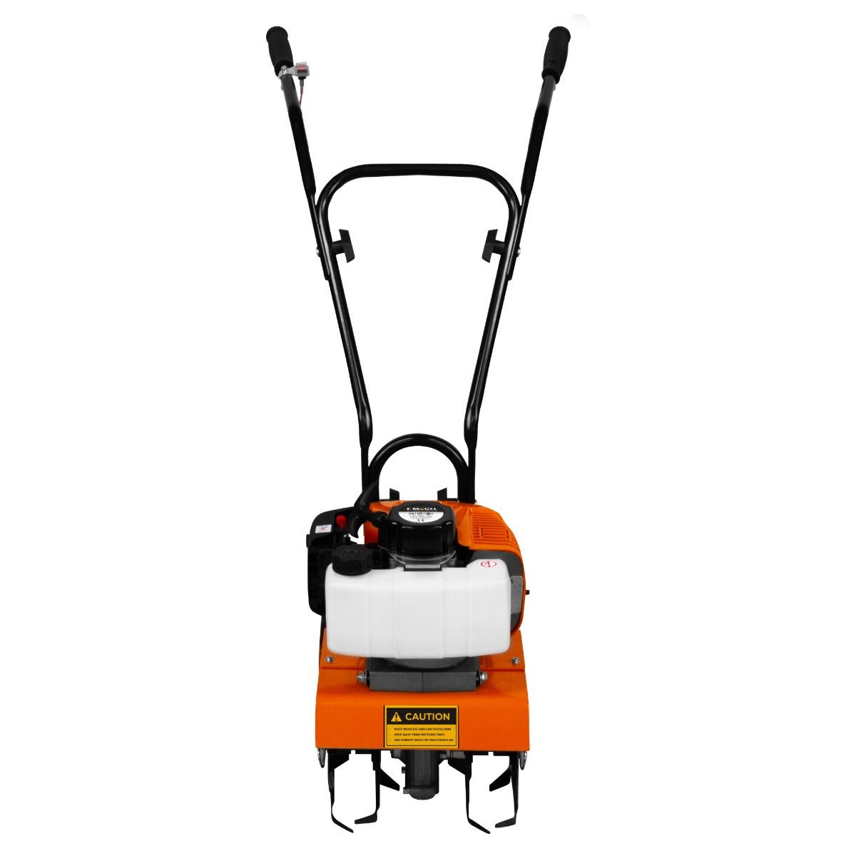 Motoculteur à essence 52cc avec un châssis orange, poignées noires et un réservoir blanc, idéal pour le jardinage et l'agriculture
