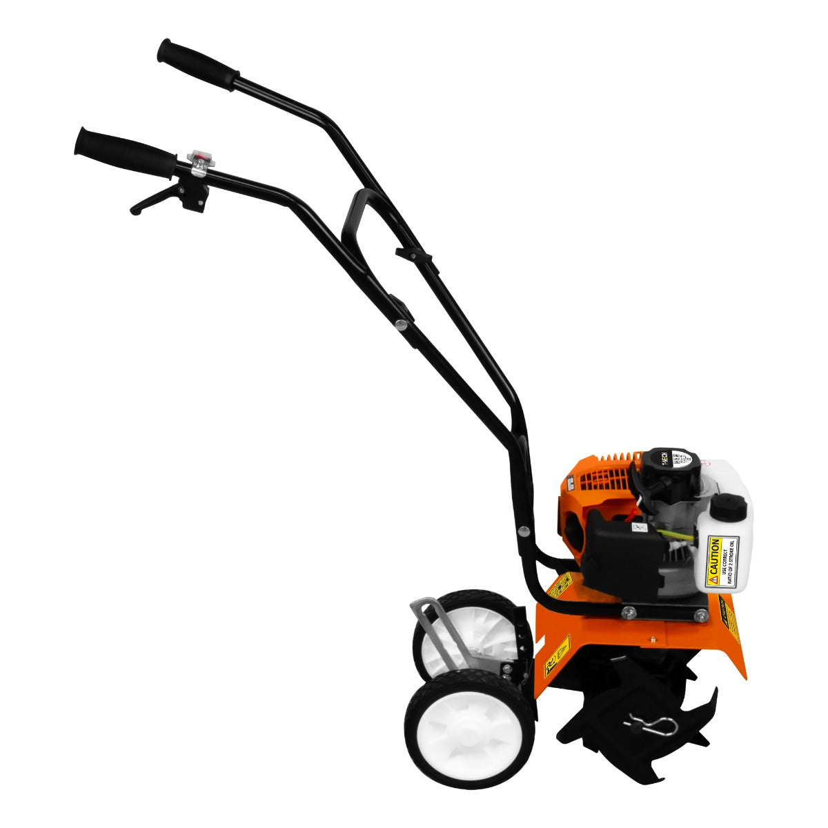 Motoculteur à essence 52cc avec cadre noir, poignées ergonomiques et moteur orange, conçu pour le jardinage et le labourage