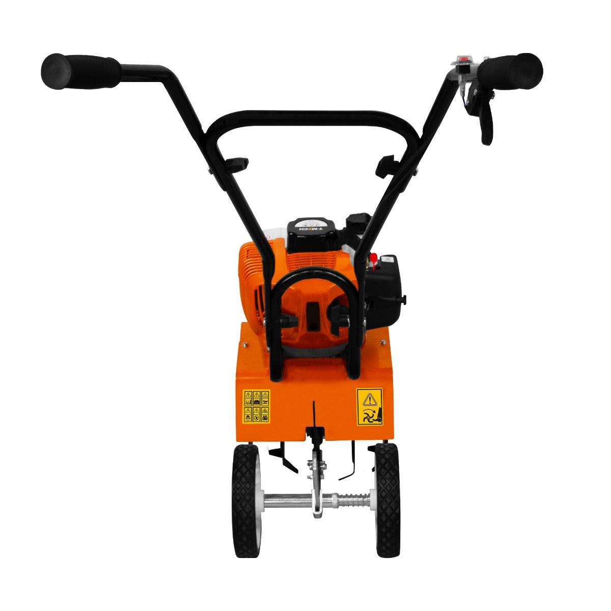 Motoculteur à essence 52cc avec châssis orange, guidon noir, roues robustes et moteur visible, idéal pour le jardinage