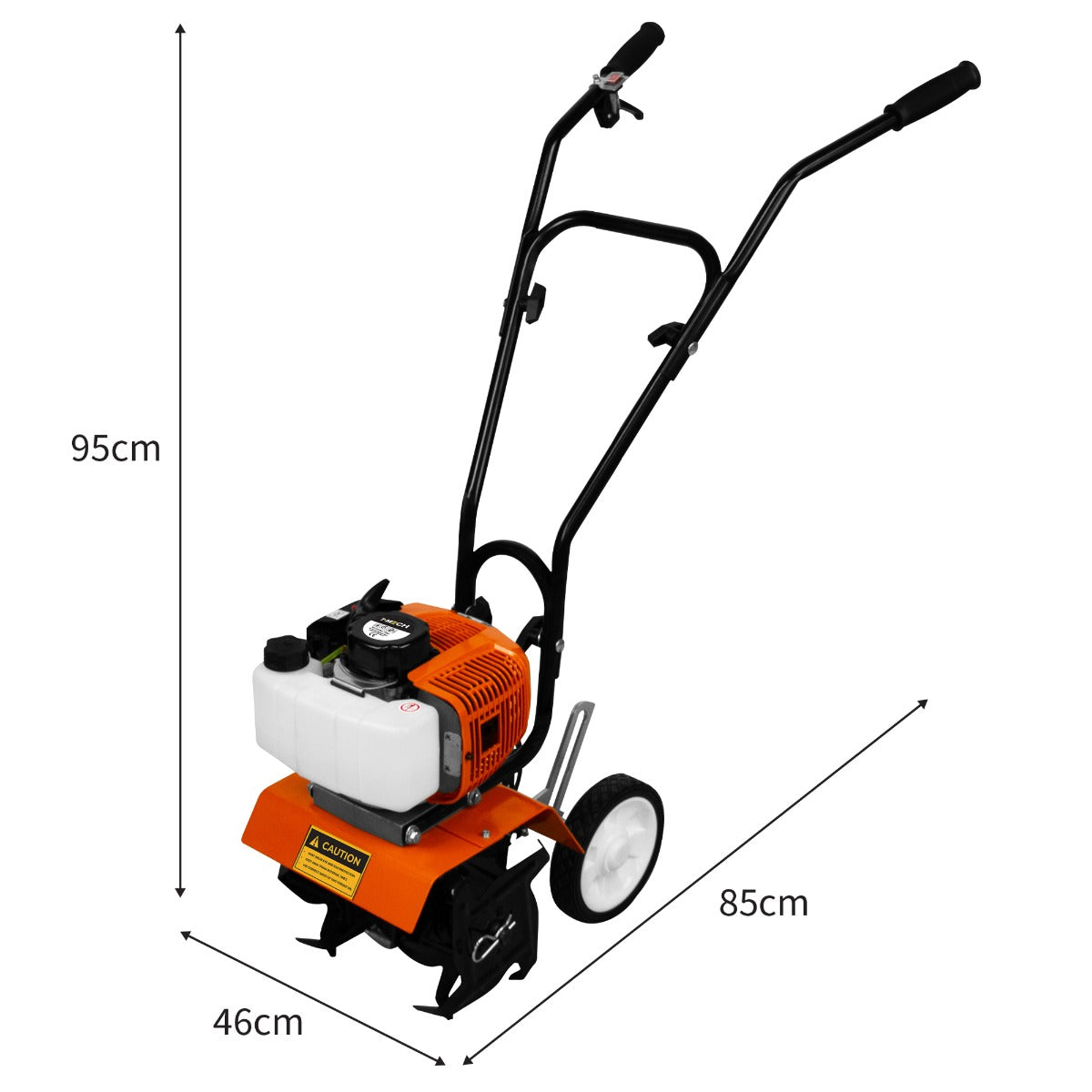 Motoculteur à essence 52cc avec un moteur orange, guidon noir, roues blanches et dimensions de 95 cm de hauteur et 85 cm de largeur