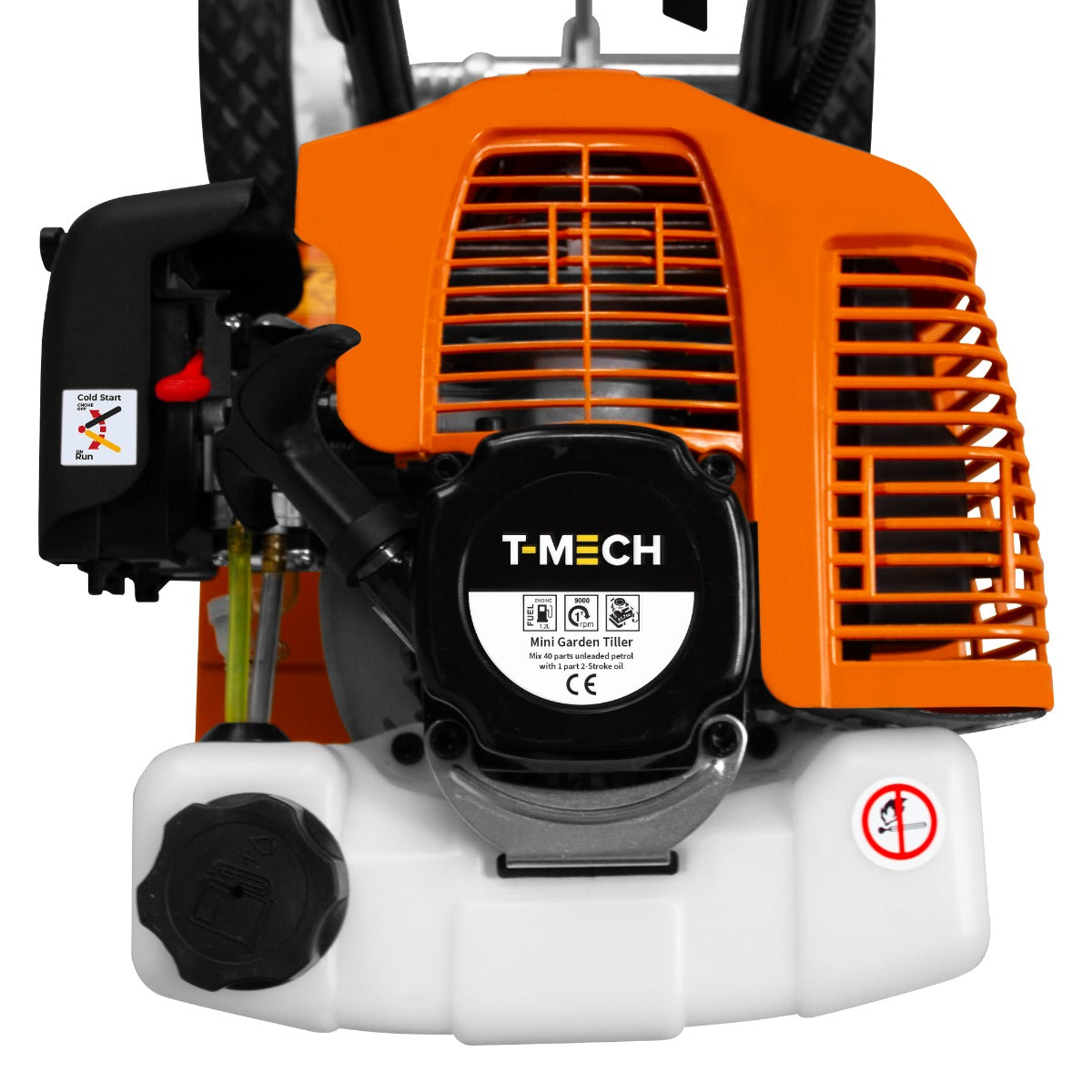 Motoculteur à essence 52cc avec un moteur orange vif, réservoir blanc et grille d'aération, idéal pour le jardinage et le labourage
