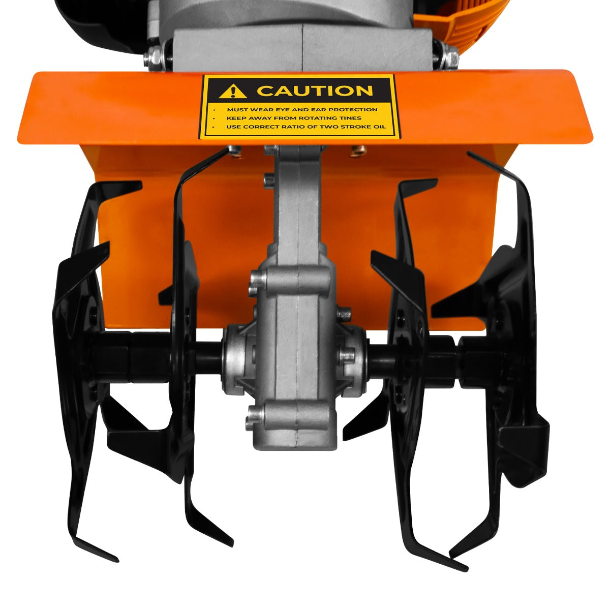 Motoculteur T-Mech à essence 52cc avec lames noires en métal, châssis orange vif et étiquette de sécurité jaune sur le dessus