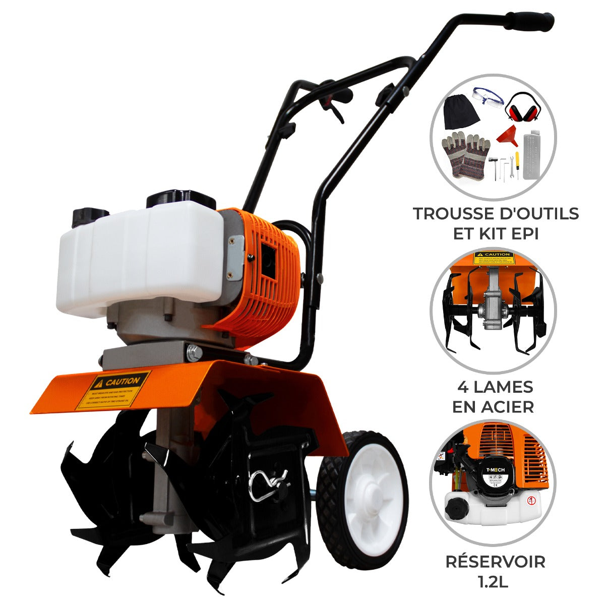 Motoculteur à essence 52cc avec moteur orange, 4 lames en acier, réservoir de 1,2L et trousse d'outils incluse, conçu pour le jardinage