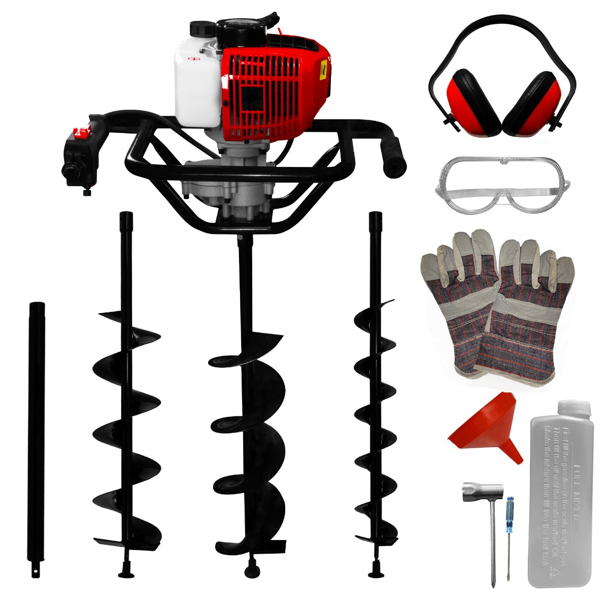 Tarière 52cc 5 en 1 avec moteur rouge, forets noirs, gants, lunettes de protection, casque et accessoires pour creuser efficacement
