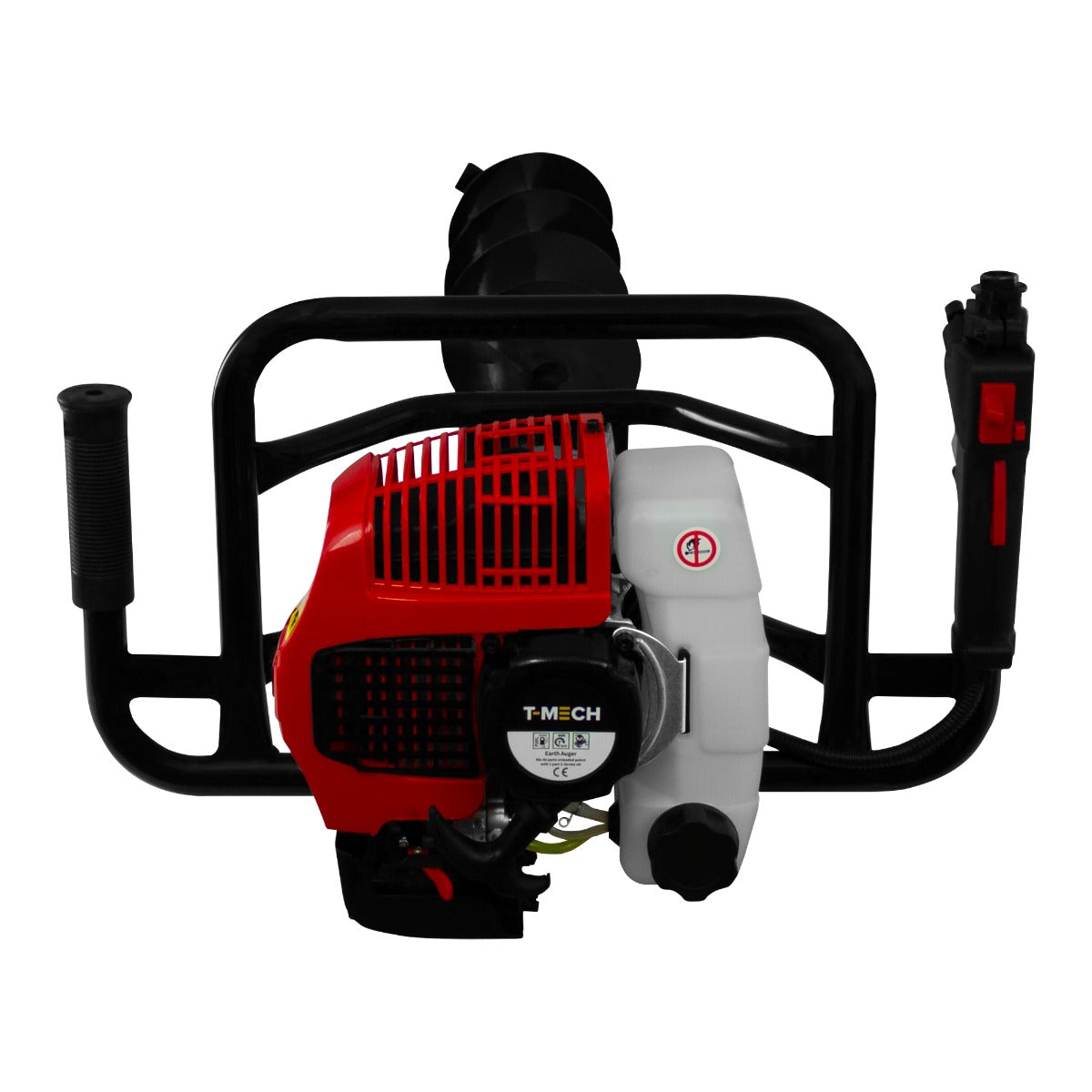 Tarière T-Mech 52cc 5 en 1 avec moteur rouge et noir, poignées ergonomiques, et foreuse robuste pour creuser efficacement