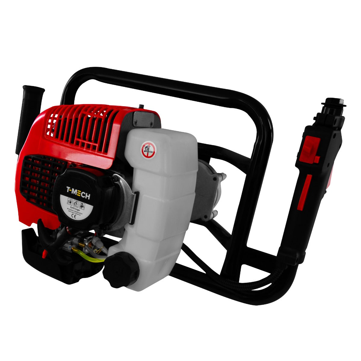 Tarière T-Mech 52cc 5 en 1 avec moteur rouge et noir, cadre robuste, réservoir blanc, idéal pour divers travaux de jardinage