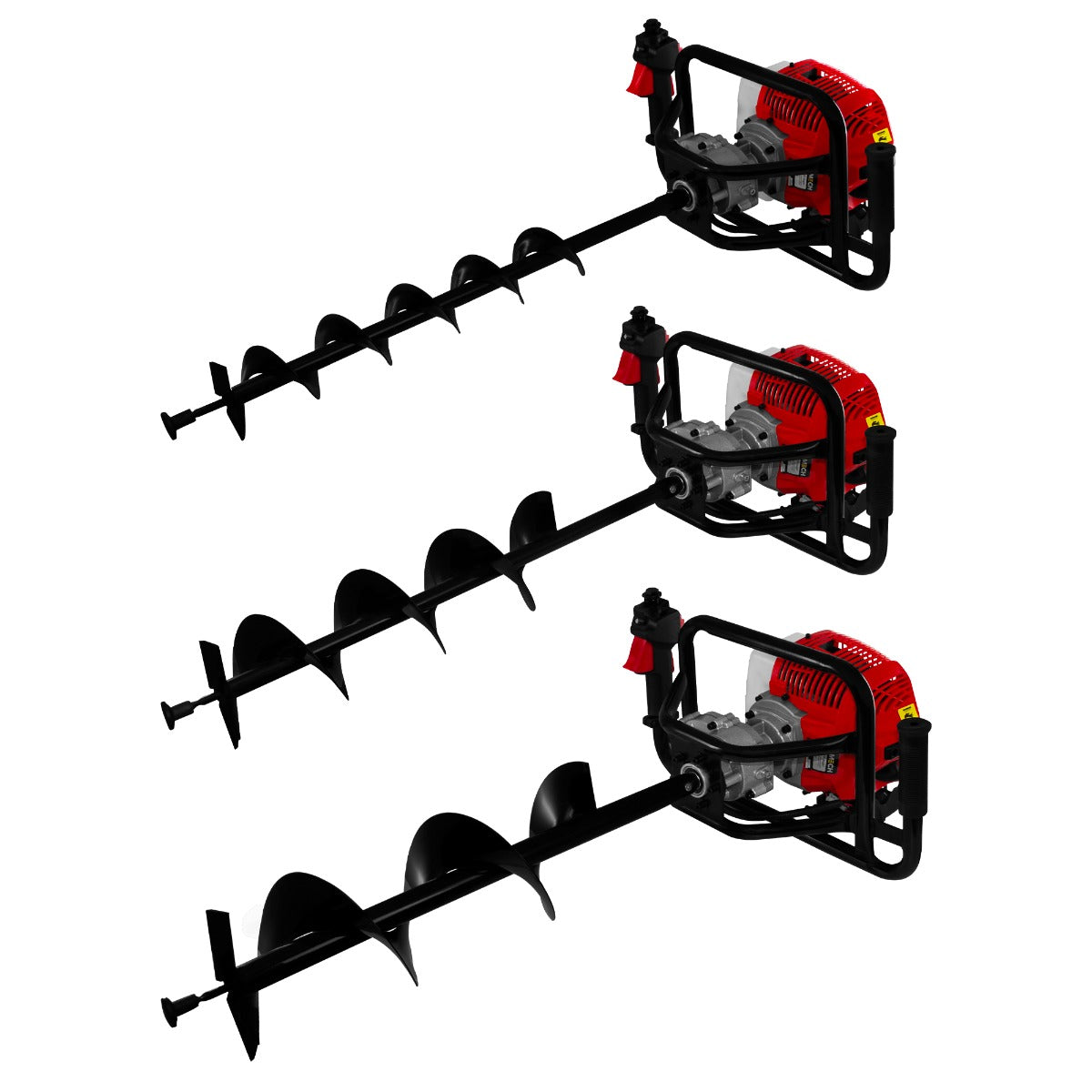 Tarière T-Mech 52cc 5 en 1 avec moteur rouge, trois forets noirs de différentes tailles, design robuste et ergonomique